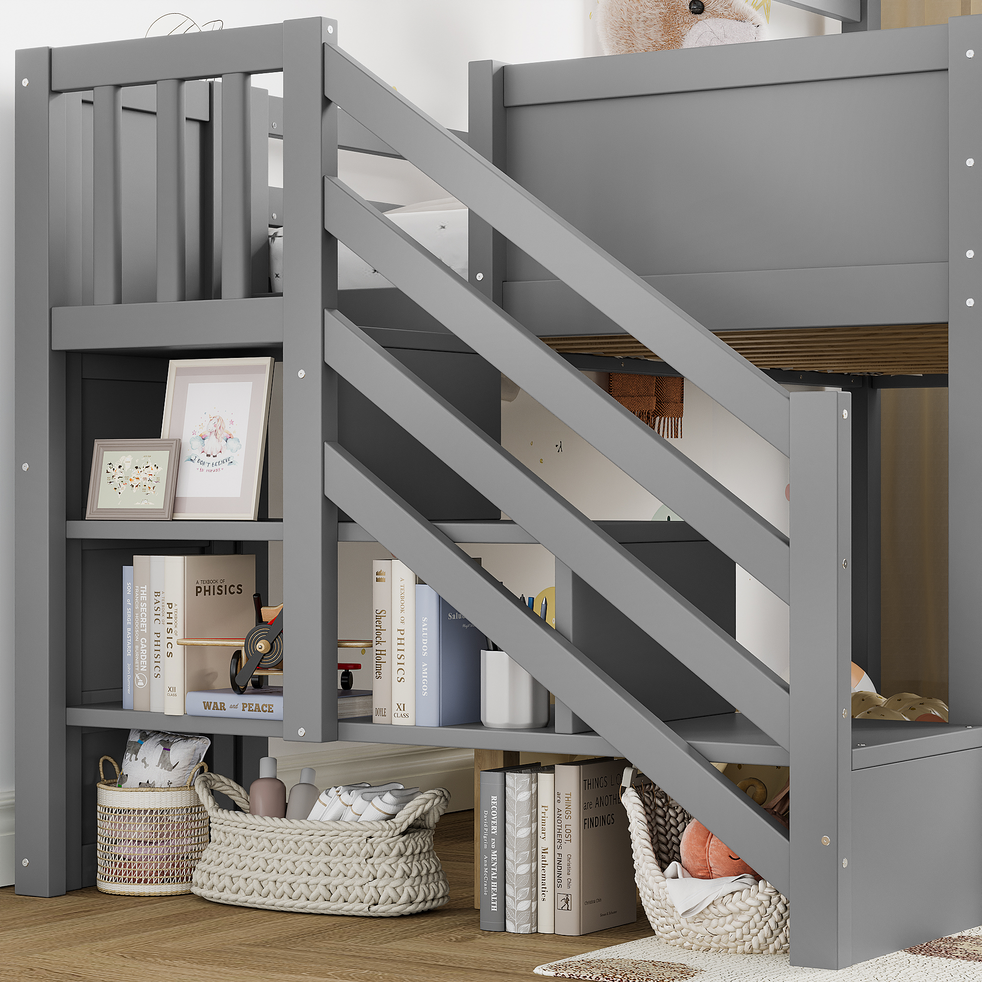 Twin Loft Bed with Storage Cabinets and Removable Desk, Kids House Loft Bed with Slide and Stairs, Childlike and Multi-functional Design,Gray - Image 4