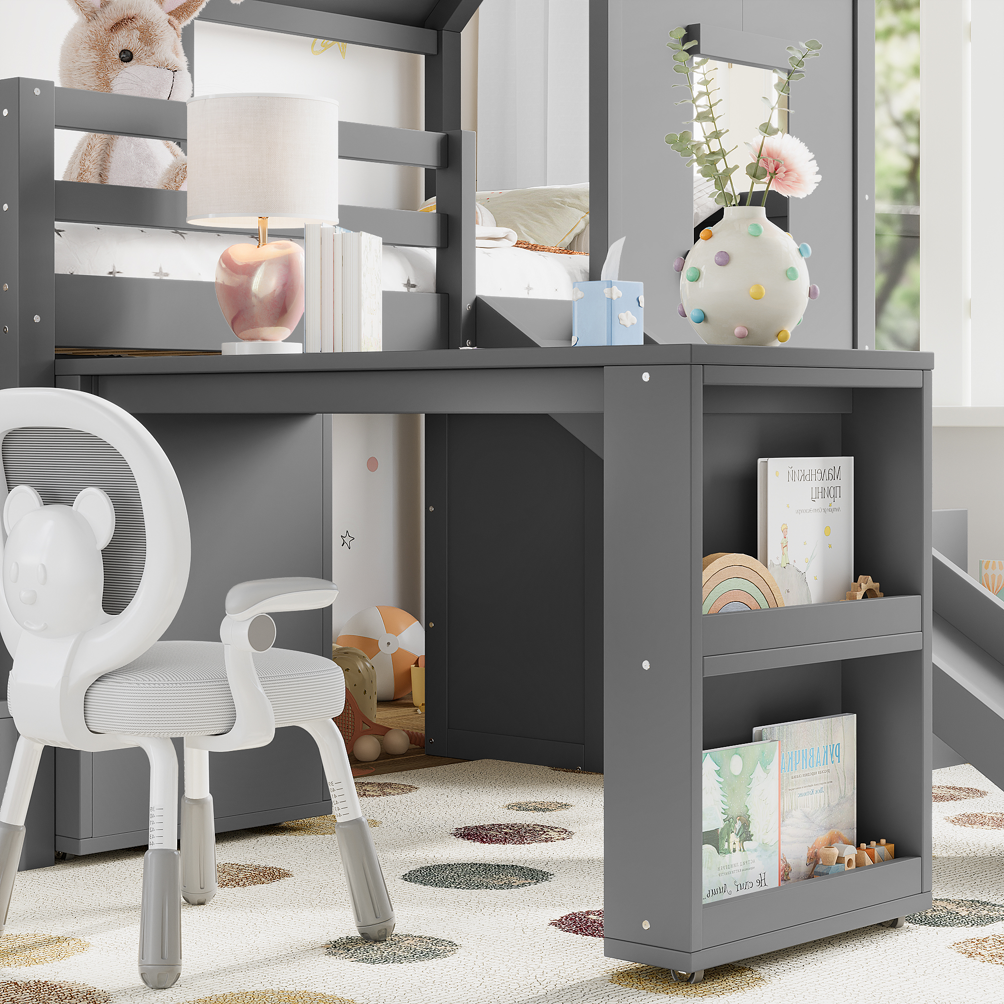 Twin Loft Bed with Storage Cabinets and Removable Desk, Kids House Loft Bed with Slide and Stairs, Childlike and Multi-functional Design,Gray - Image 6