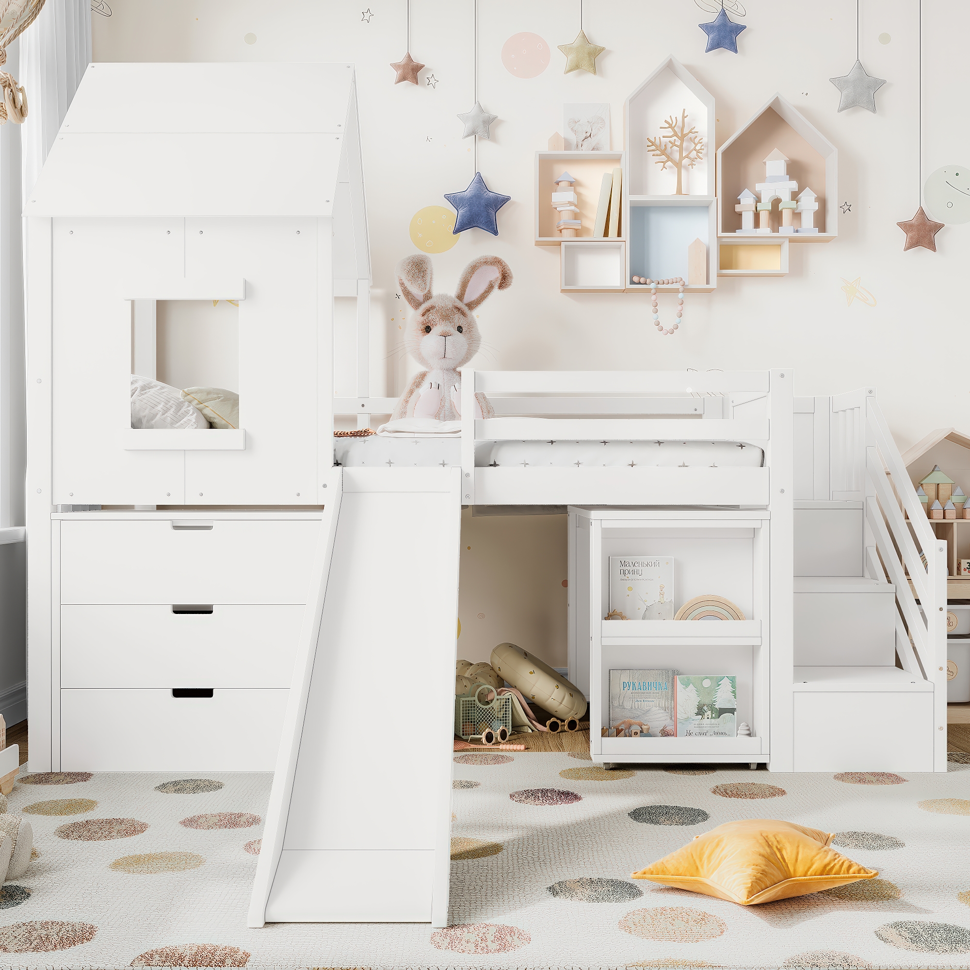 Twin Loft Bed with Storage Cabinets and Removable Desk, Kids House Loft Bed with Slide and Stairs, Childlike and Multi-functional Design, White - Image 1