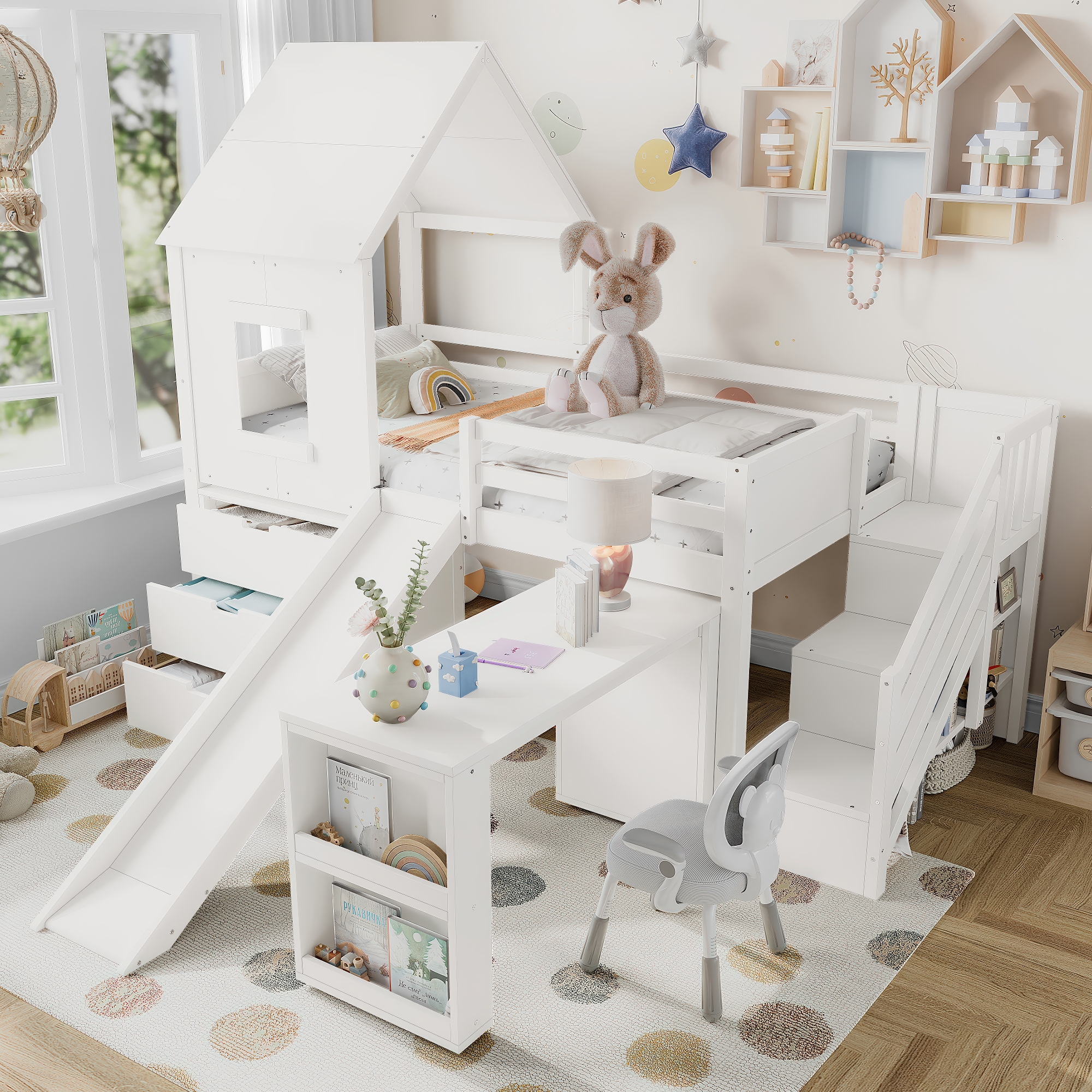 Twin Loft Bed with Storage Cabinets and Removable Desk, Kids House Loft Bed with Slide and Stairs, Childlike and Multi-functional Design, White - Image 2
