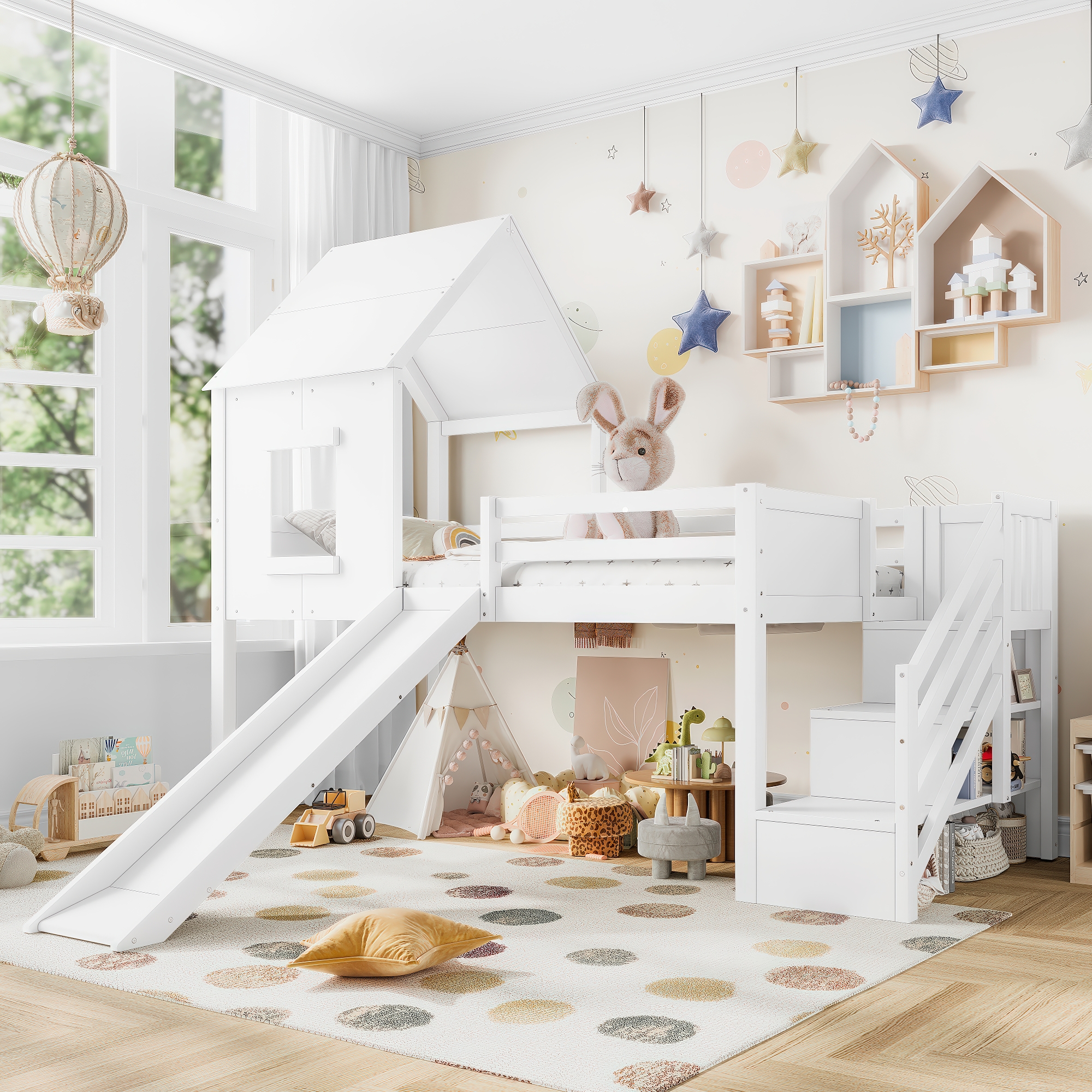 Twin Loft Bed with Storage Cabinets and Removable Desk, Kids House Loft Bed with Slide and Stairs, Childlike and Multi-functional Design, White - Image 3