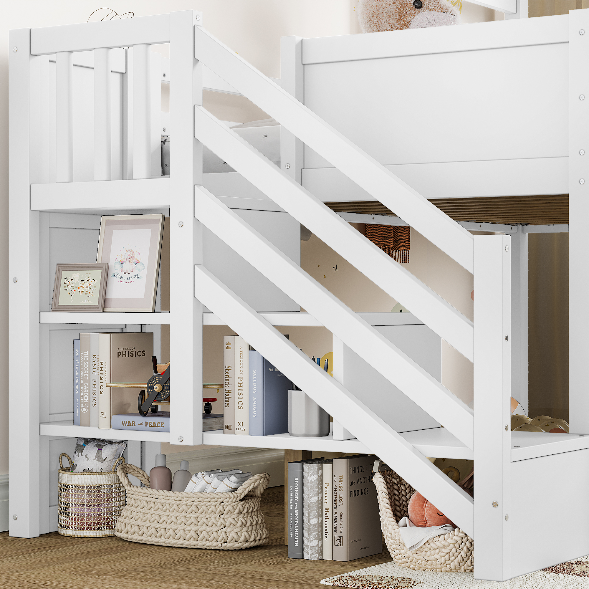 Twin Loft Bed with Storage Cabinets and Removable Desk, Kids House Loft Bed with Slide and Stairs, Childlike and Multi-functional Design, White - Image 4
