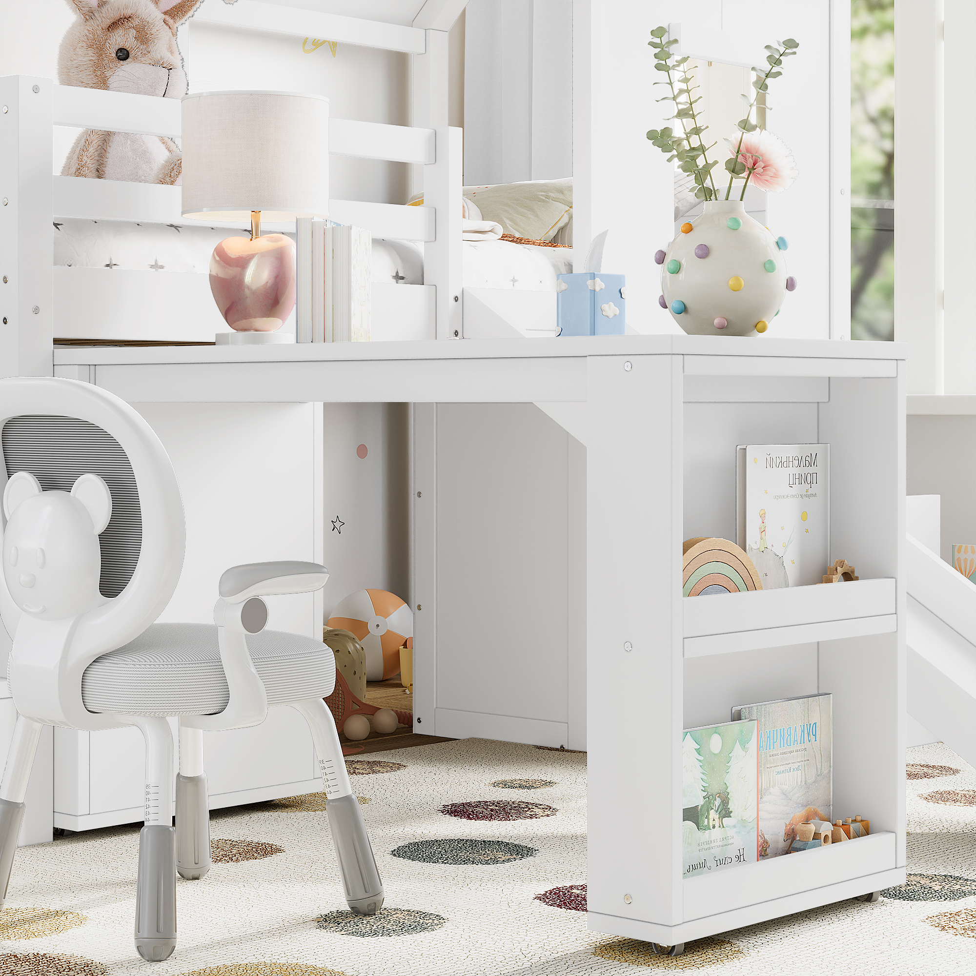 Twin Loft Bed with Storage Cabinets and Removable Desk, Kids House Loft Bed with Slide and Stairs, Childlike and Multi-functional Design, White - Image 6