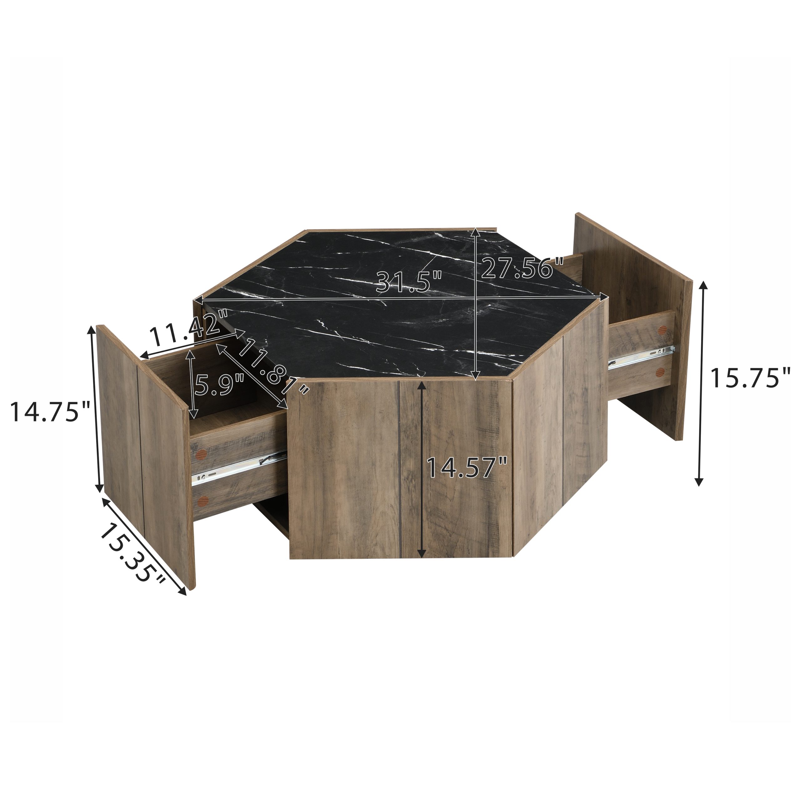 Hexagonal Rustic Retro Wood Coffee Table, with 2 Hidden Drawers, Textured Black Marble Tops, Light Brown Oak Finish - Perfect for Living Room & Reception Areas - Image 2