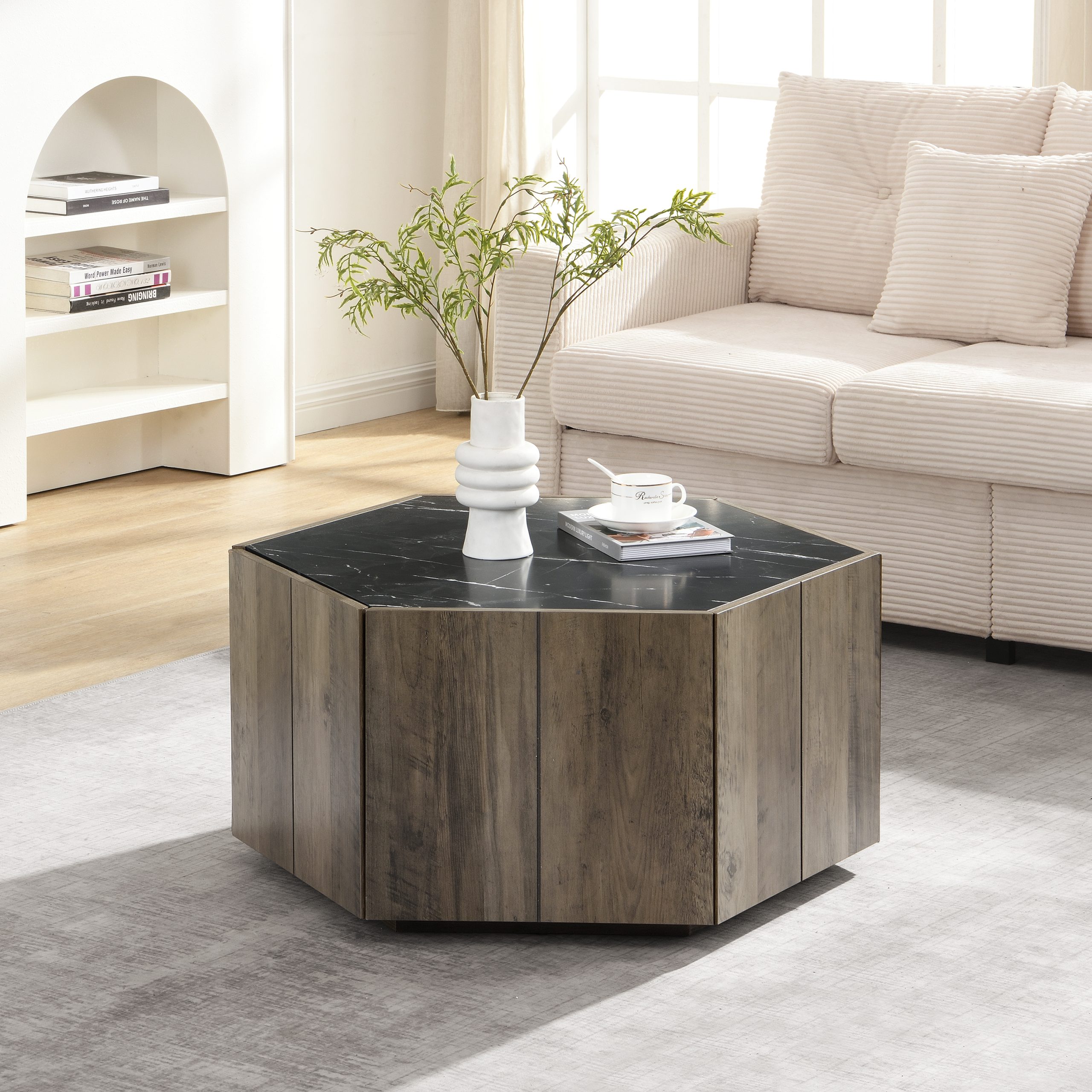 Hexagonal Rustic Retro Wood Coffee Table, with 2 Hidden Drawers, Textured Black Marble Tops, Light Brown Oak Finish - Perfect for Living Room & Reception Areas - Image 3
