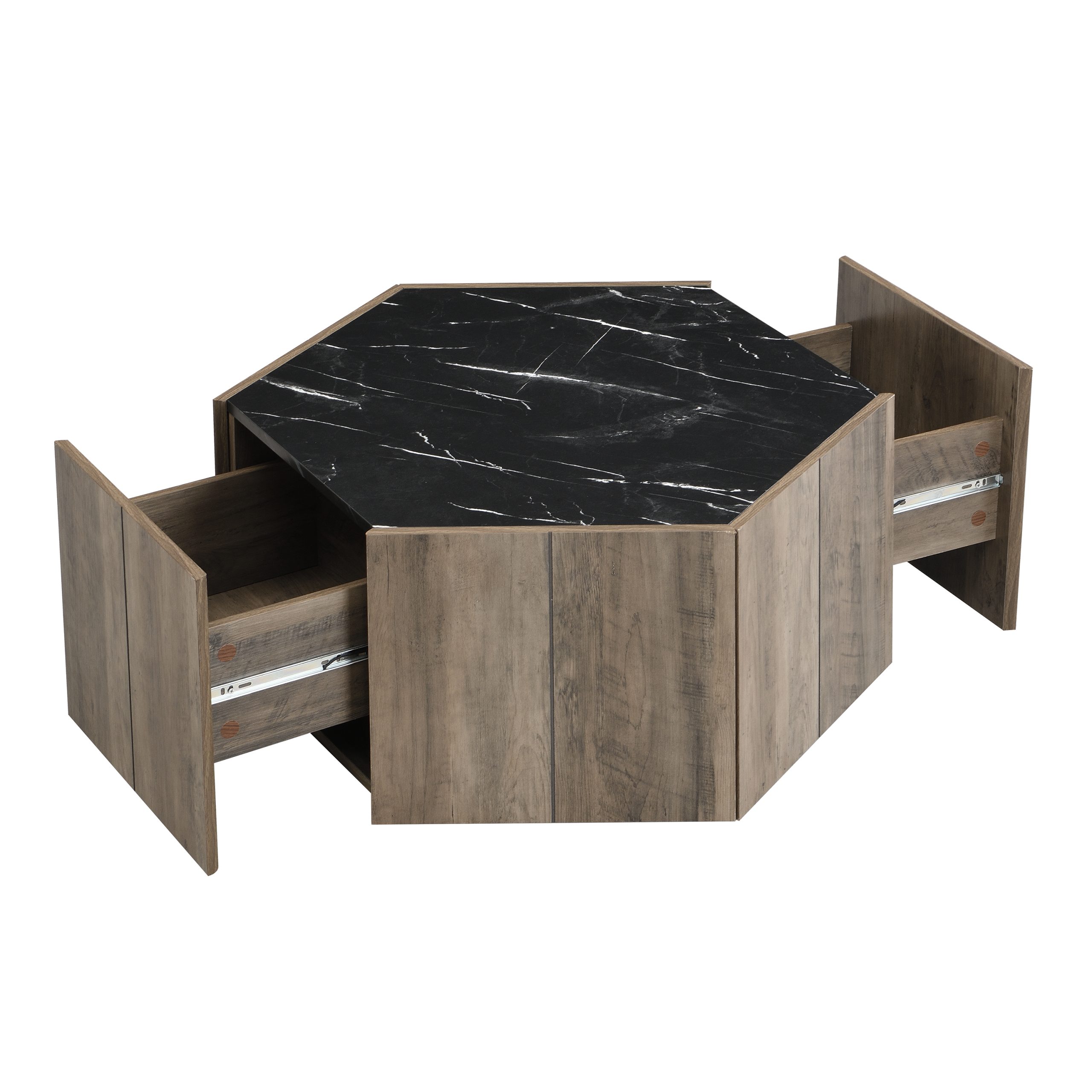 Hexagonal Rustic Retro Wood Coffee Table, with 2 Hidden Drawers, Textured Black Marble Tops, Light Brown Oak Finish - Perfect for Living Room & Reception Areas - Image 4