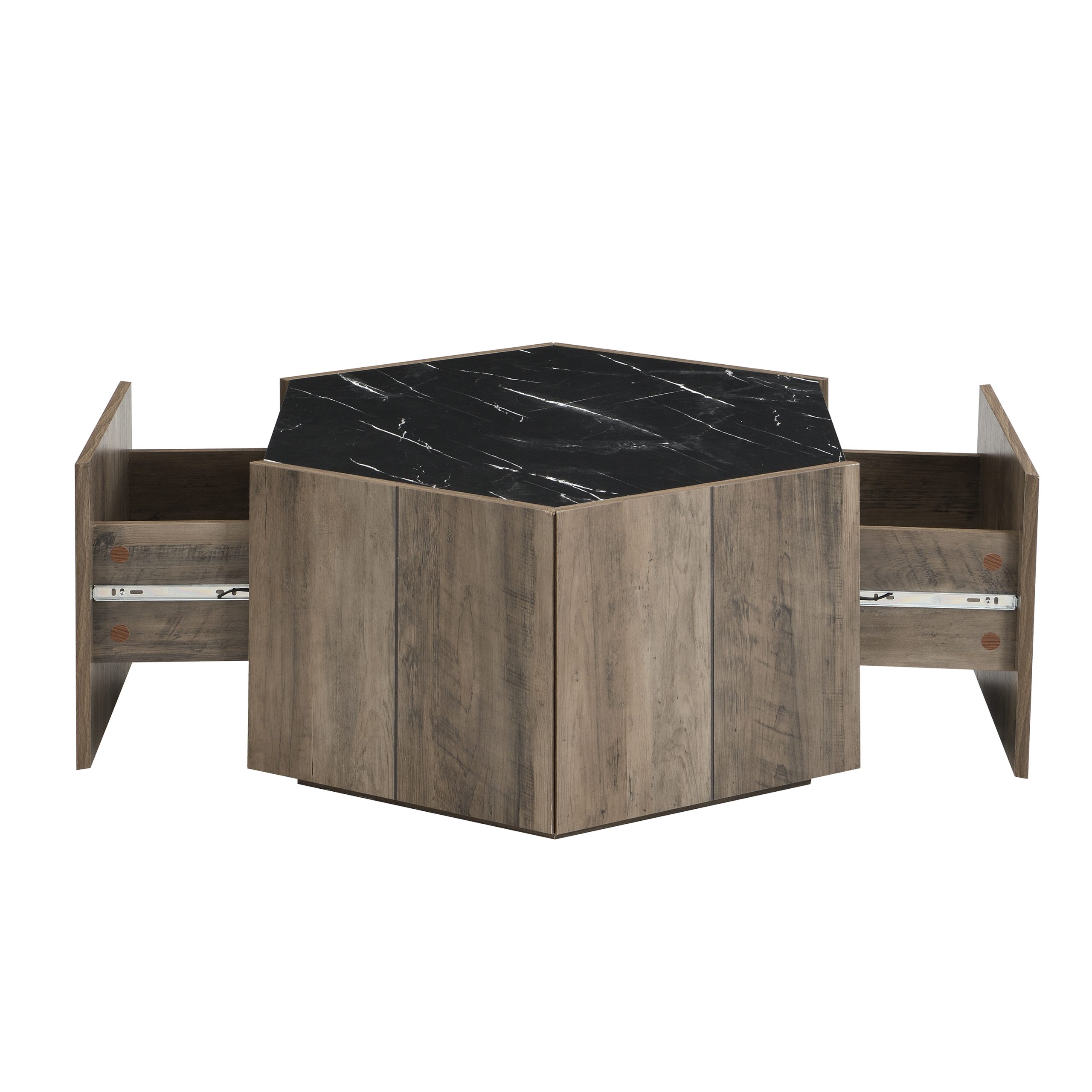 Hexagonal Rustic Retro Wood Coffee Table, with 2 Hidden Drawers, Textured Black Marble Tops, Light Brown Oak Finish - Perfect for Living Room & Reception Areas - Image 5
