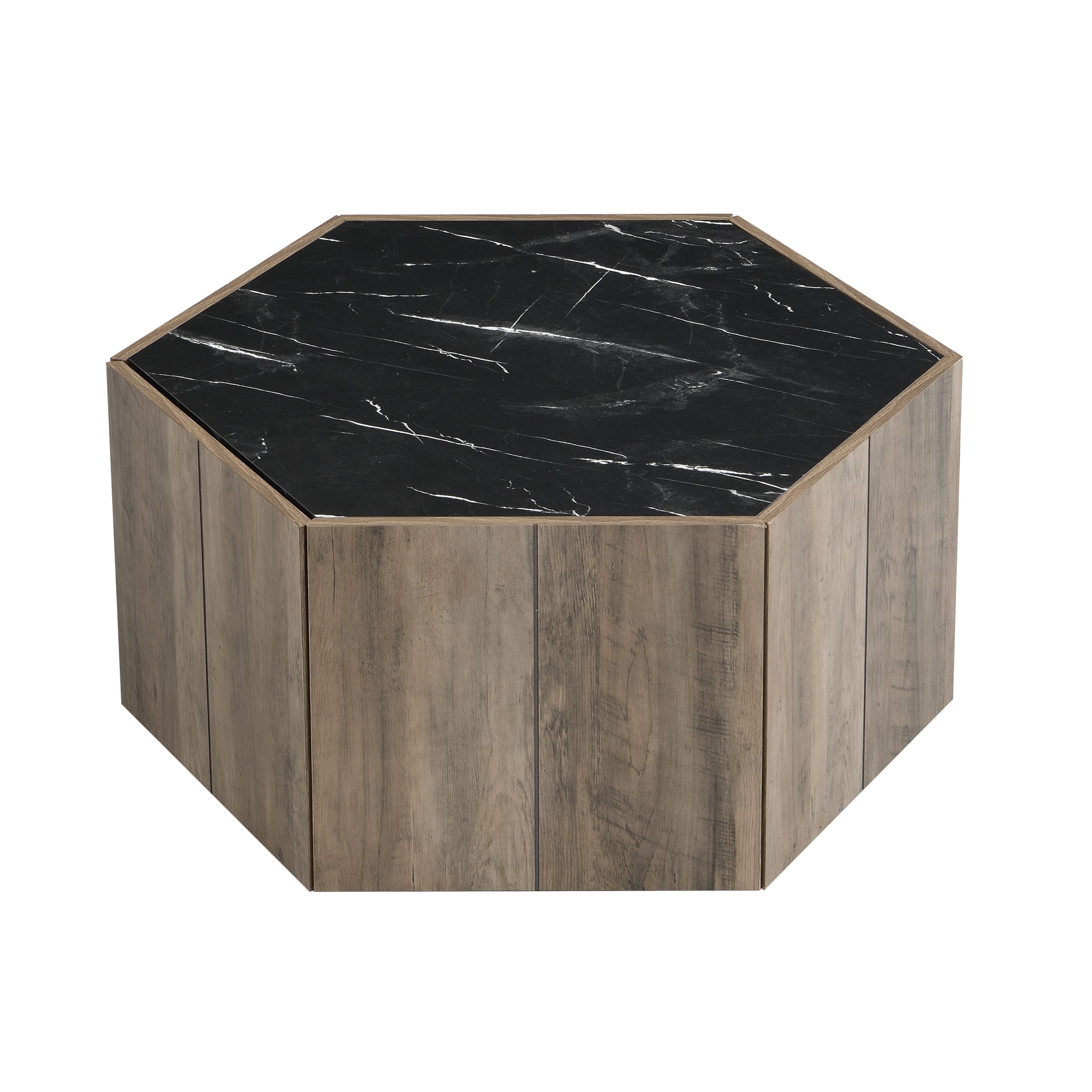 Hexagonal Rustic Retro Wood Coffee Table, with 2 Hidden Drawers, Textured Black Marble Tops, Light Brown Oak Finish - Perfect for Living Room & Reception Areas - Image 6