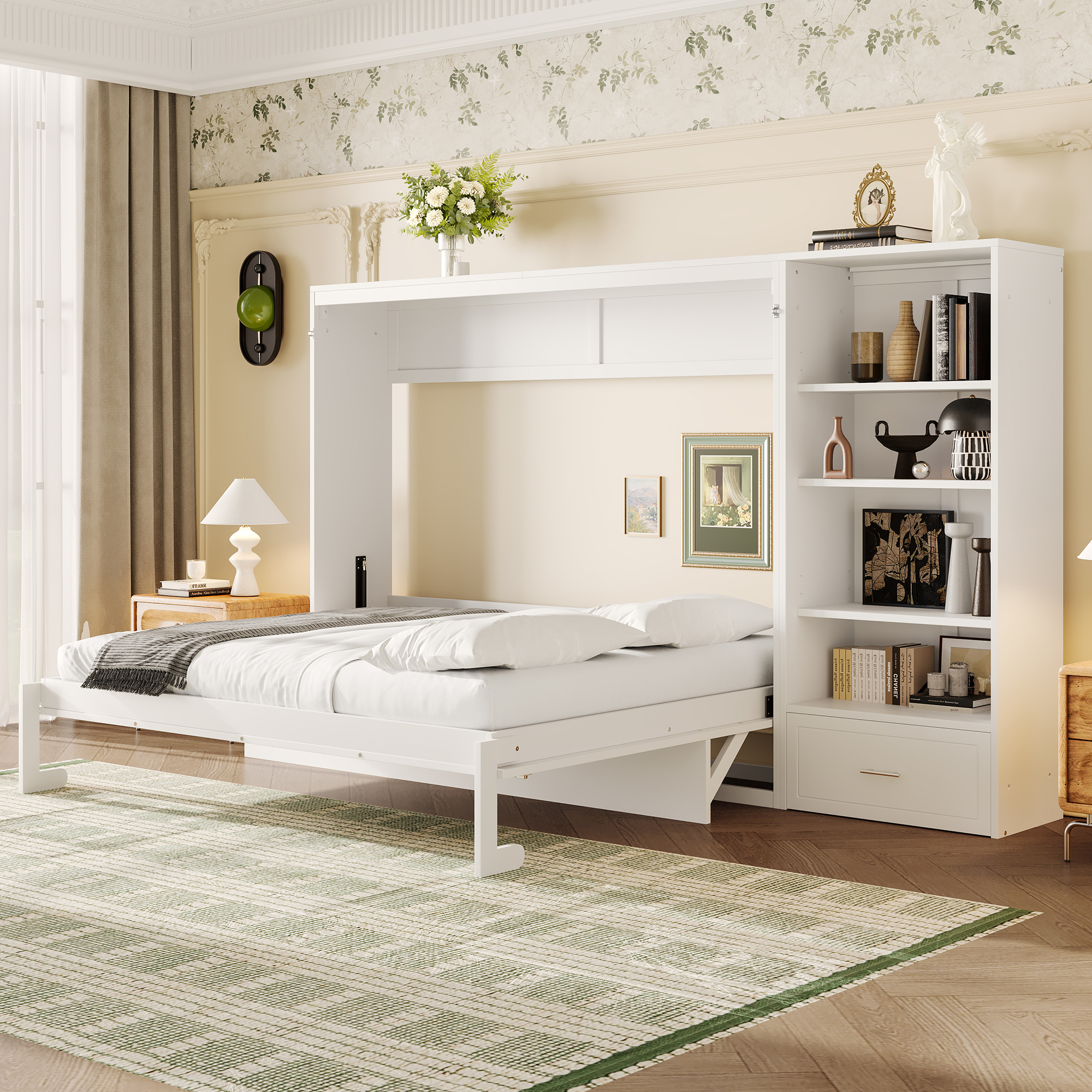 Queen Size Murphy Bed with Height Adjustable Storage Compartments and Shelf, Wall Bed Frame With 1 Drawer, Multifunctional Foldable Platform Bed for Bedroom,Guest Room, White(OLD SKU:N733S309223K) - Image 2