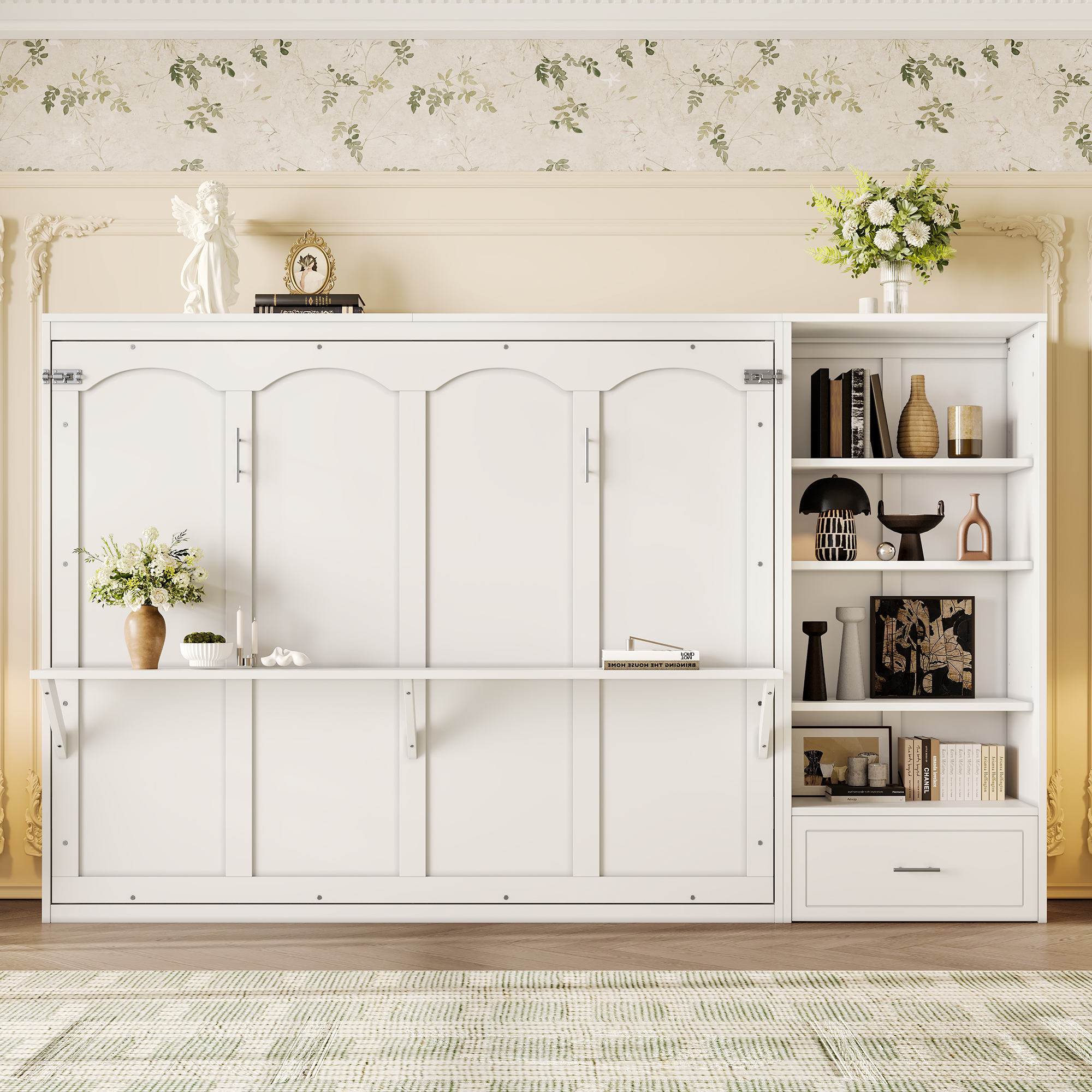 Queen Size Murphy Bed with Height Adjustable Storage Compartments and Shelf, Wall Bed Frame With 1 Drawer, Multifunctional Foldable Platform Bed for Bedroom,Guest Room, White(OLD SKU:N733S309223K) - Image 3