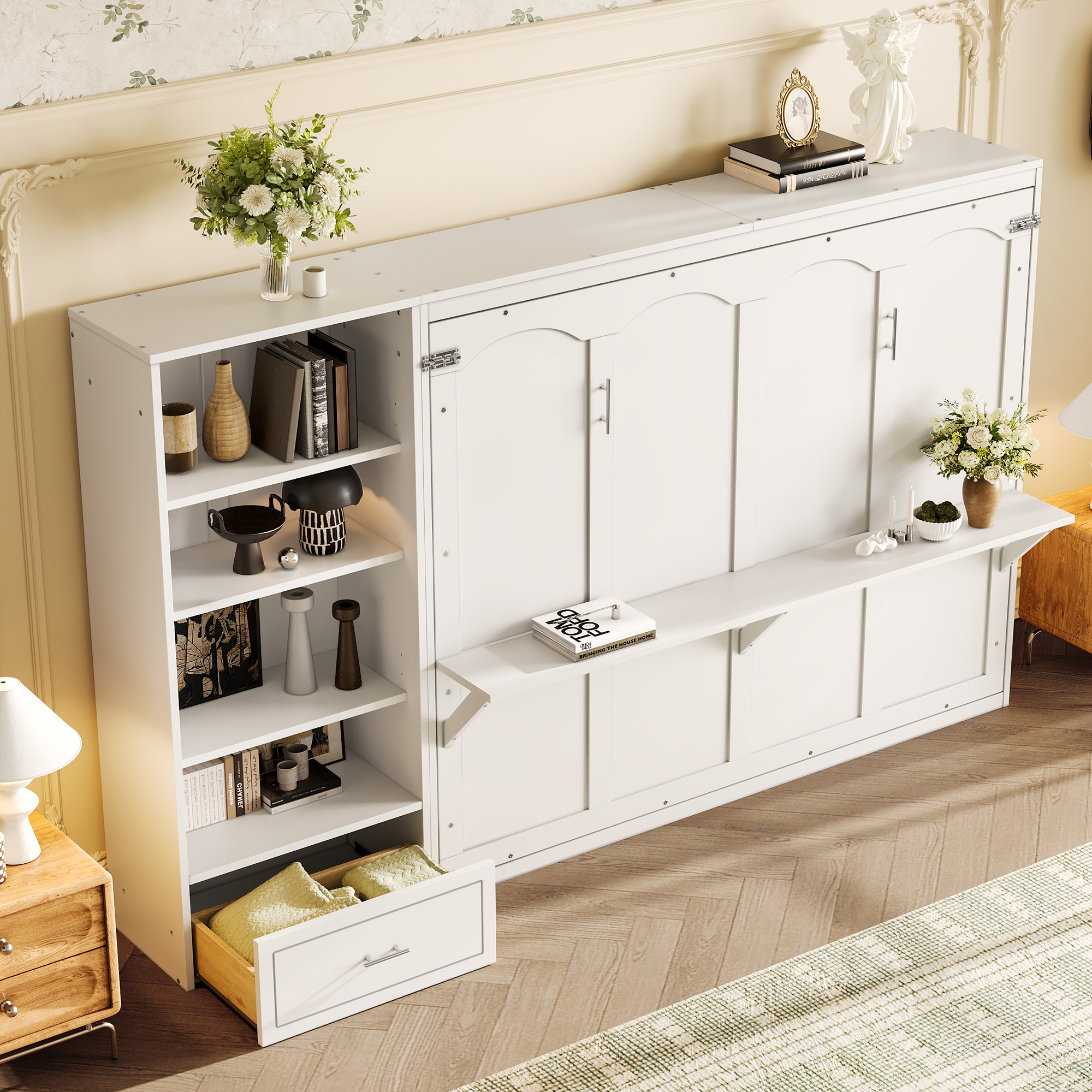 Queen Size Murphy Bed with Height Adjustable Storage Compartments and Shelf, Wall Bed Frame With 1 Drawer, Multifunctional Foldable Platform Bed for Bedroom,Guest Room, White(OLD SKU:N733S309223K) - Image 4