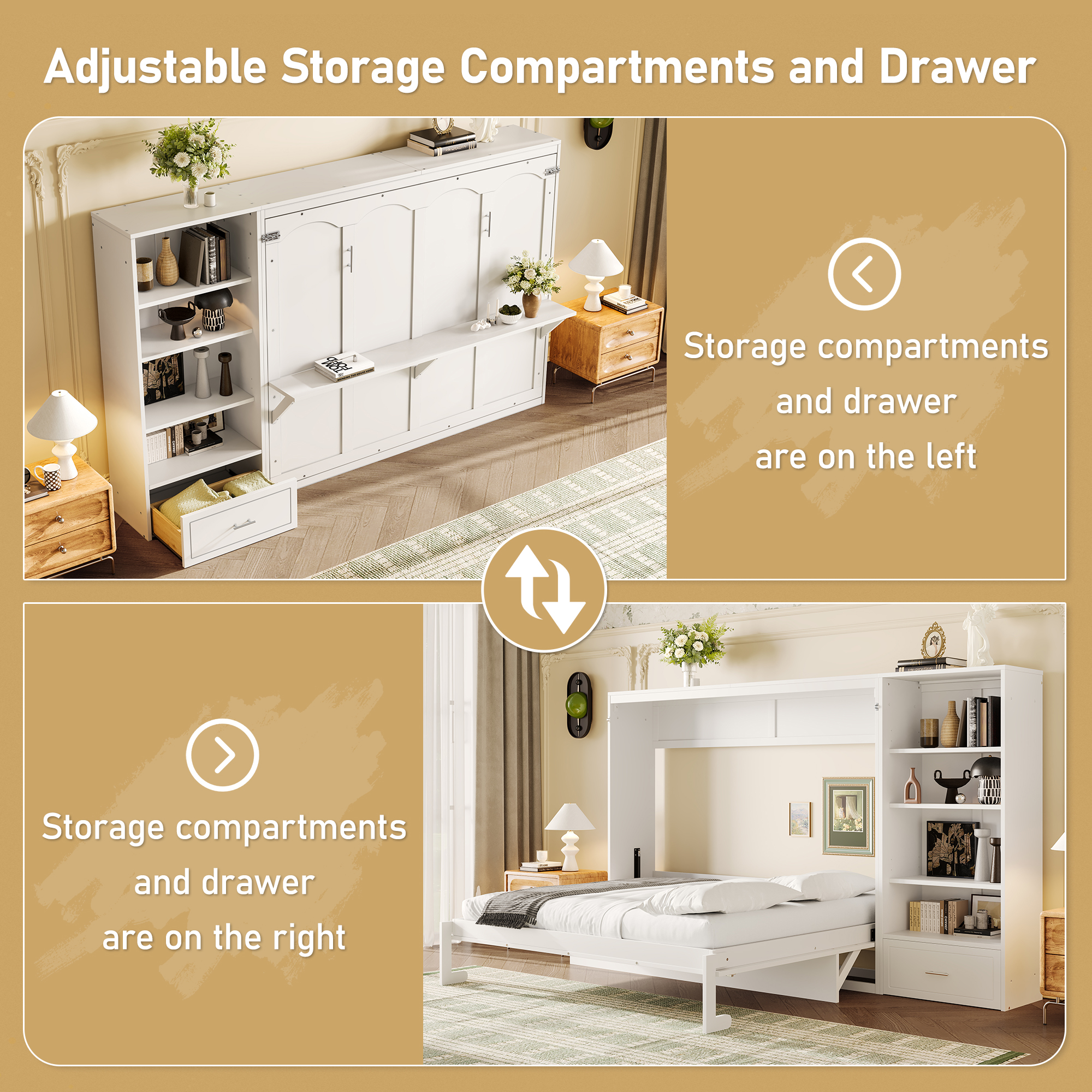 Queen Size Murphy Bed with Height Adjustable Storage Compartments and Shelf, Wall Bed Frame With 1 Drawer, Multifunctional Foldable Platform Bed for Bedroom,Guest Room, White(OLD SKU:N733S309223K) - Image 5