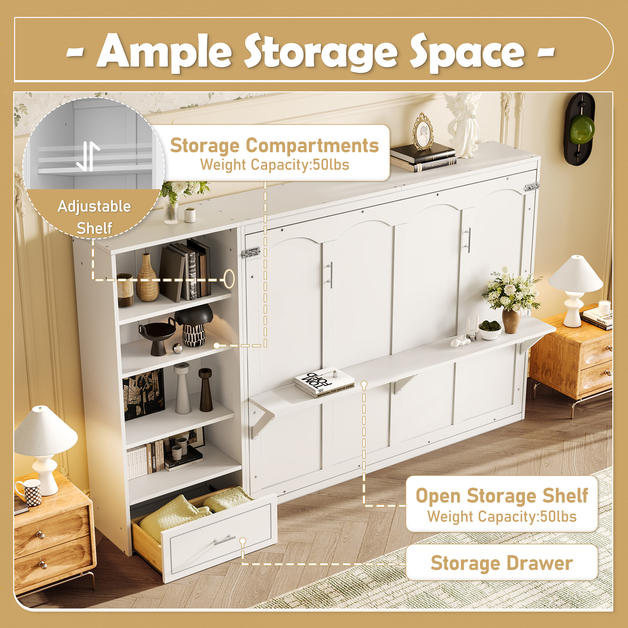Queen Size Murphy Bed with Height Adjustable Storage Compartments and Shelf, Wall Bed Frame With 1 Drawer, Multifunctional Foldable Platform Bed for Bedroom,Guest Room, White(OLD SKU:N733S309223K) - Image 6