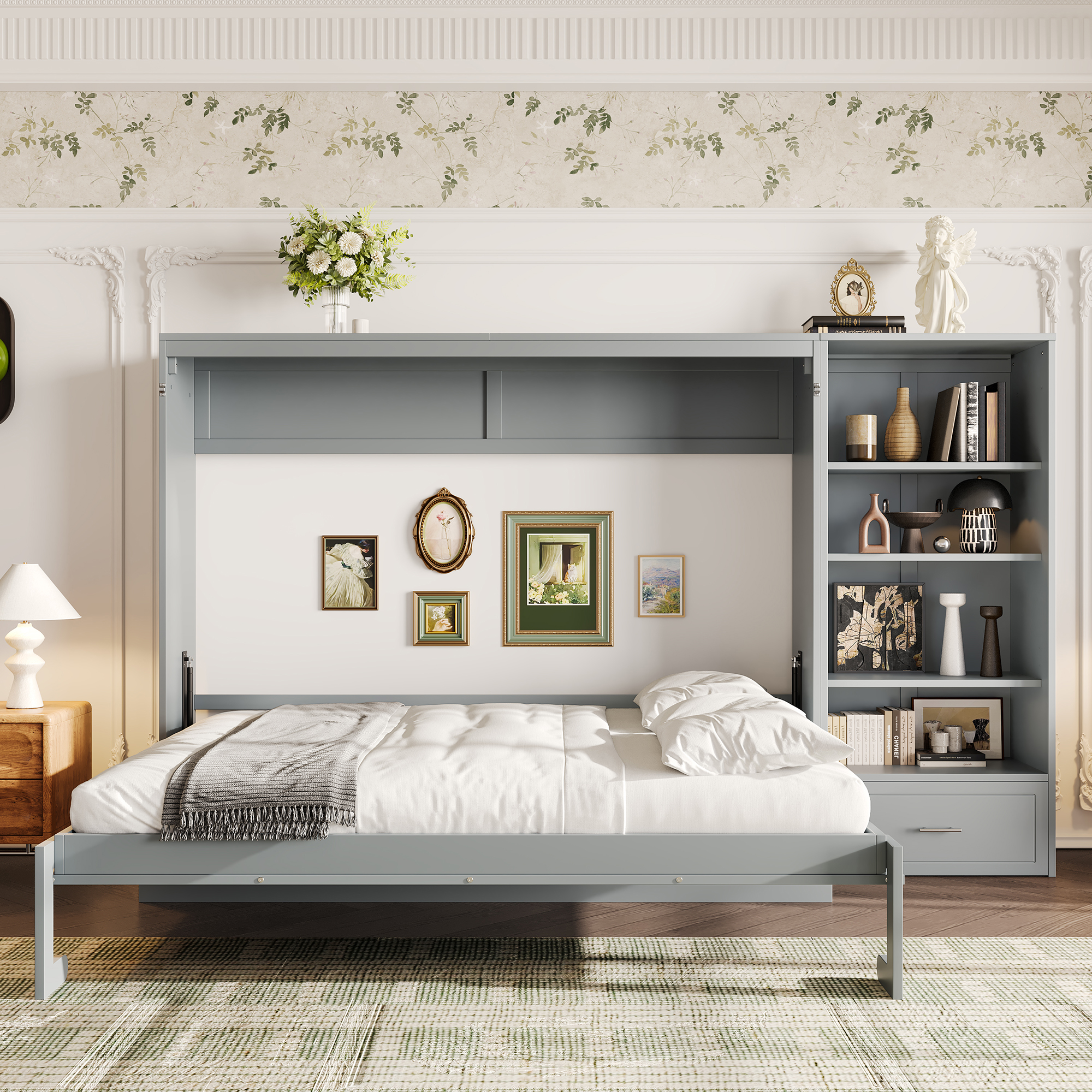 Queen Size Murphy Bed with Height Adjustable Storage Compartments and Shelf, Wall Bed Frame With 1 Drawer, Multifunctional Foldable Platform Bed for Bedroom,Guest Room, Gray(OLD SKU:N733S309223E) - Image 1