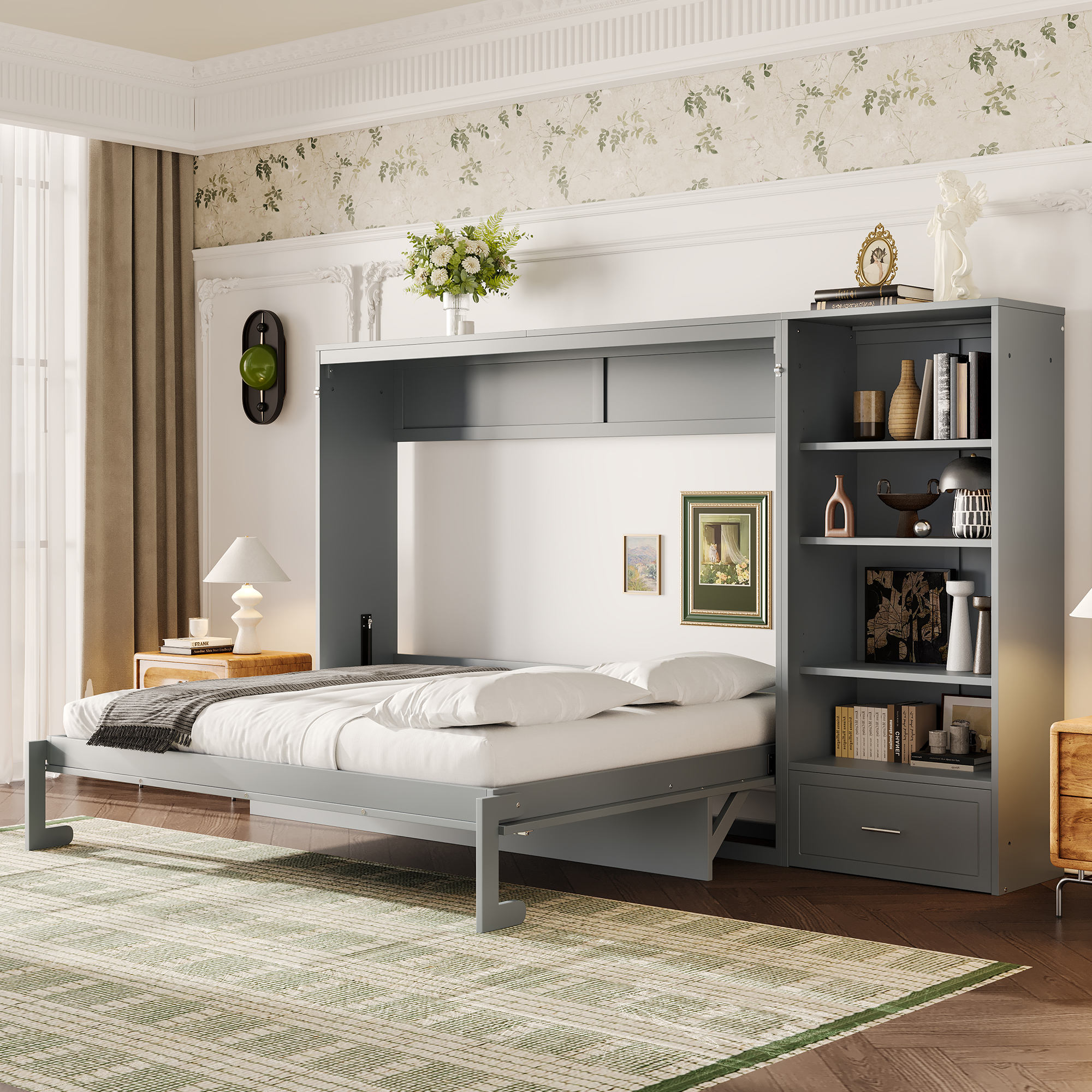 Queen Size Murphy Bed with Height Adjustable Storage Compartments and Shelf, Wall Bed Frame With 1 Drawer, Multifunctional Foldable Platform Bed for Bedroom,Guest Room, Gray(OLD SKU:N733S309223E) - Image 2