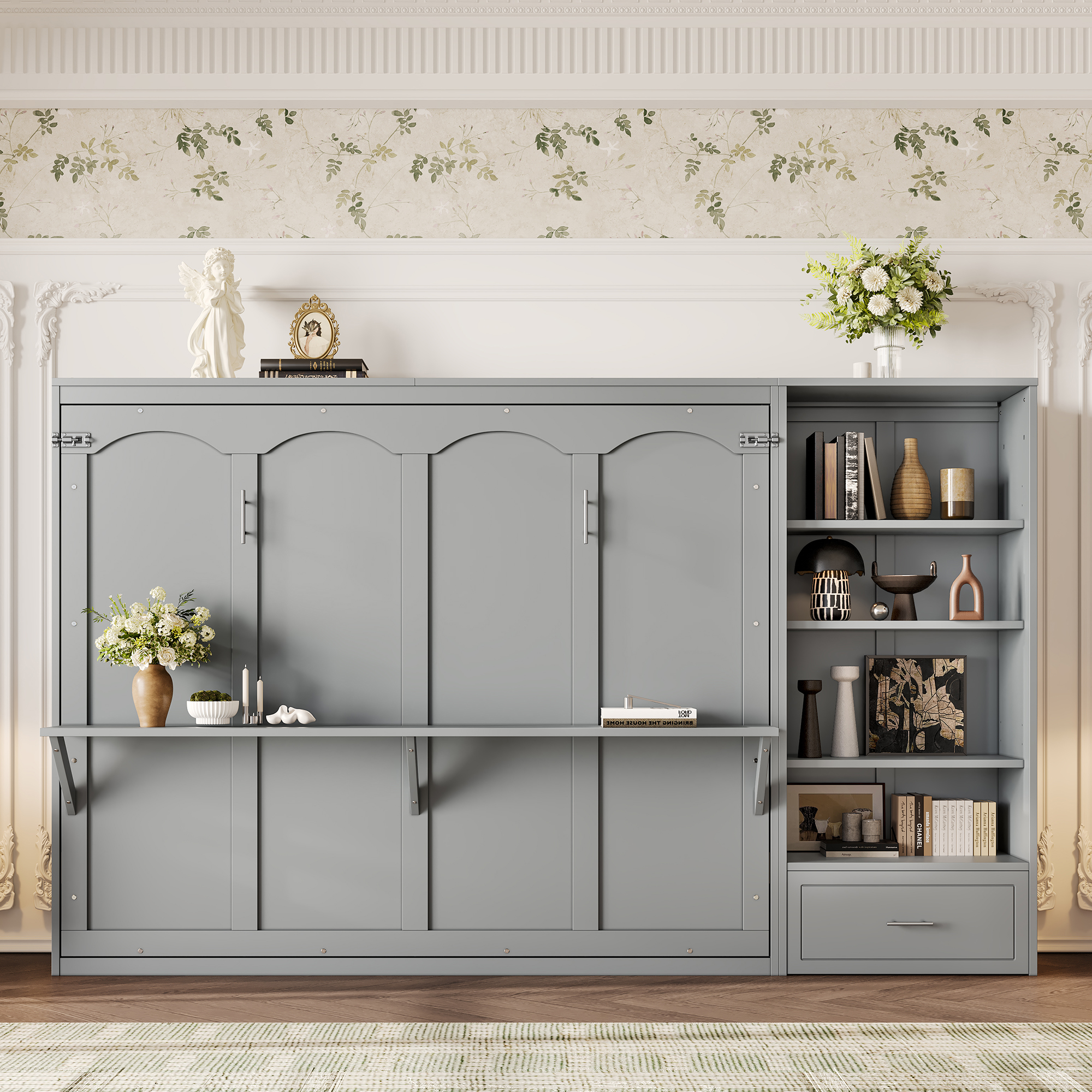 Queen Size Murphy Bed with Height Adjustable Storage Compartments and Shelf, Wall Bed Frame With 1 Drawer, Multifunctional Foldable Platform Bed for Bedroom,Guest Room, Gray(OLD SKU:N733S309223E) - Image 3
