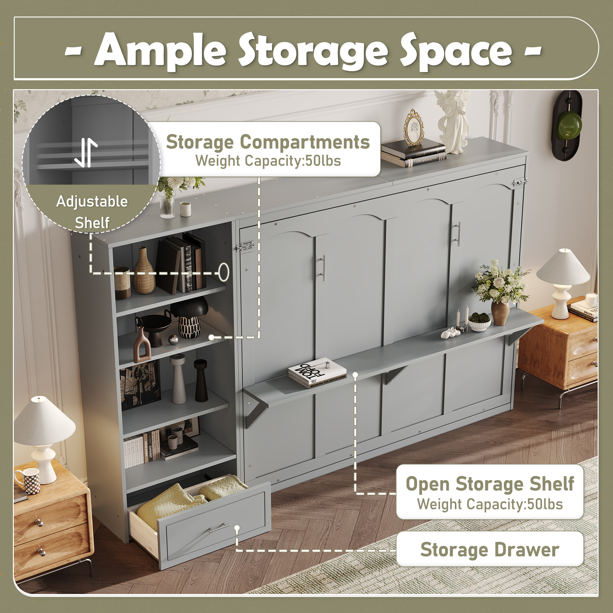 Queen Size Murphy Bed with Height Adjustable Storage Compartments and Shelf, Wall Bed Frame With 1 Drawer, Multifunctional Foldable Platform Bed for Bedroom,Guest Room, Gray(OLD SKU:N733S309223E) - Image 5