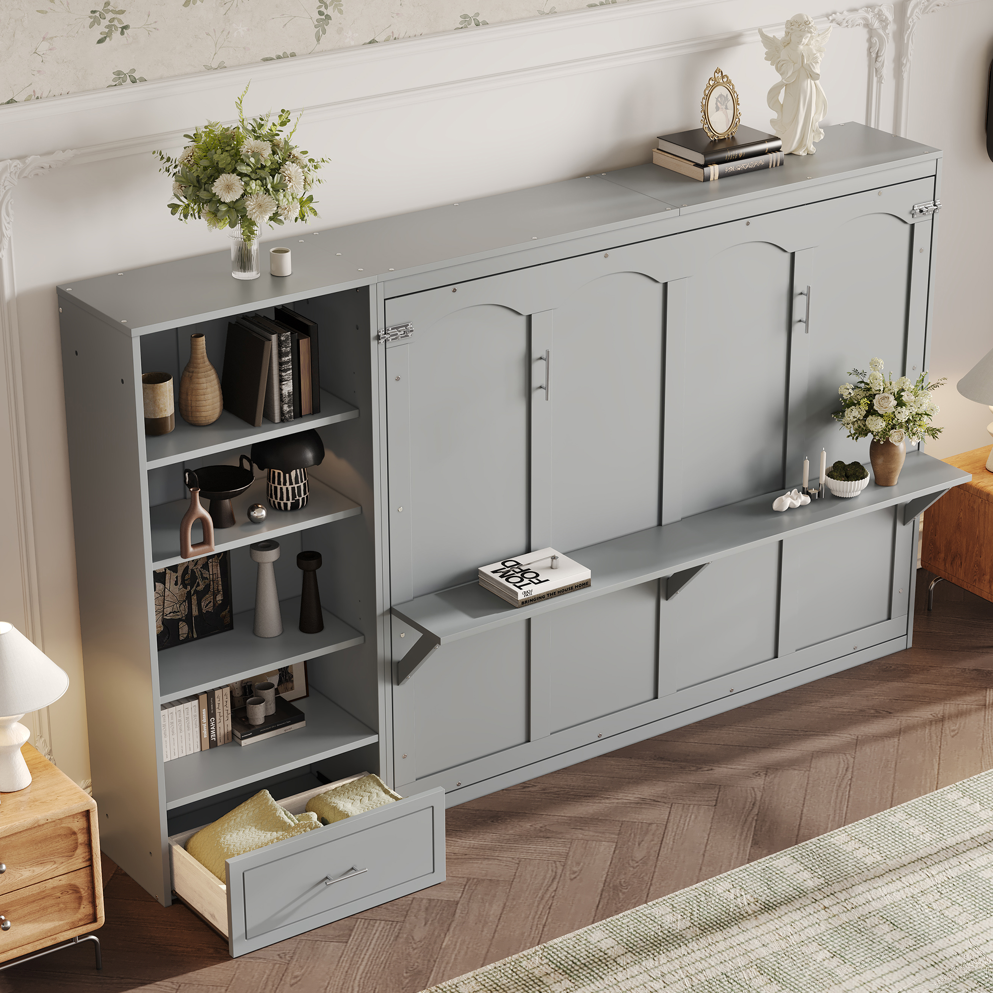 Queen Size Murphy Bed with Height Adjustable Storage Compartments and Shelf, Wall Bed Frame With 1 Drawer, Multifunctional Foldable Platform Bed for Bedroom,Guest Room, Gray(OLD SKU:N733S309223E) - Image 4