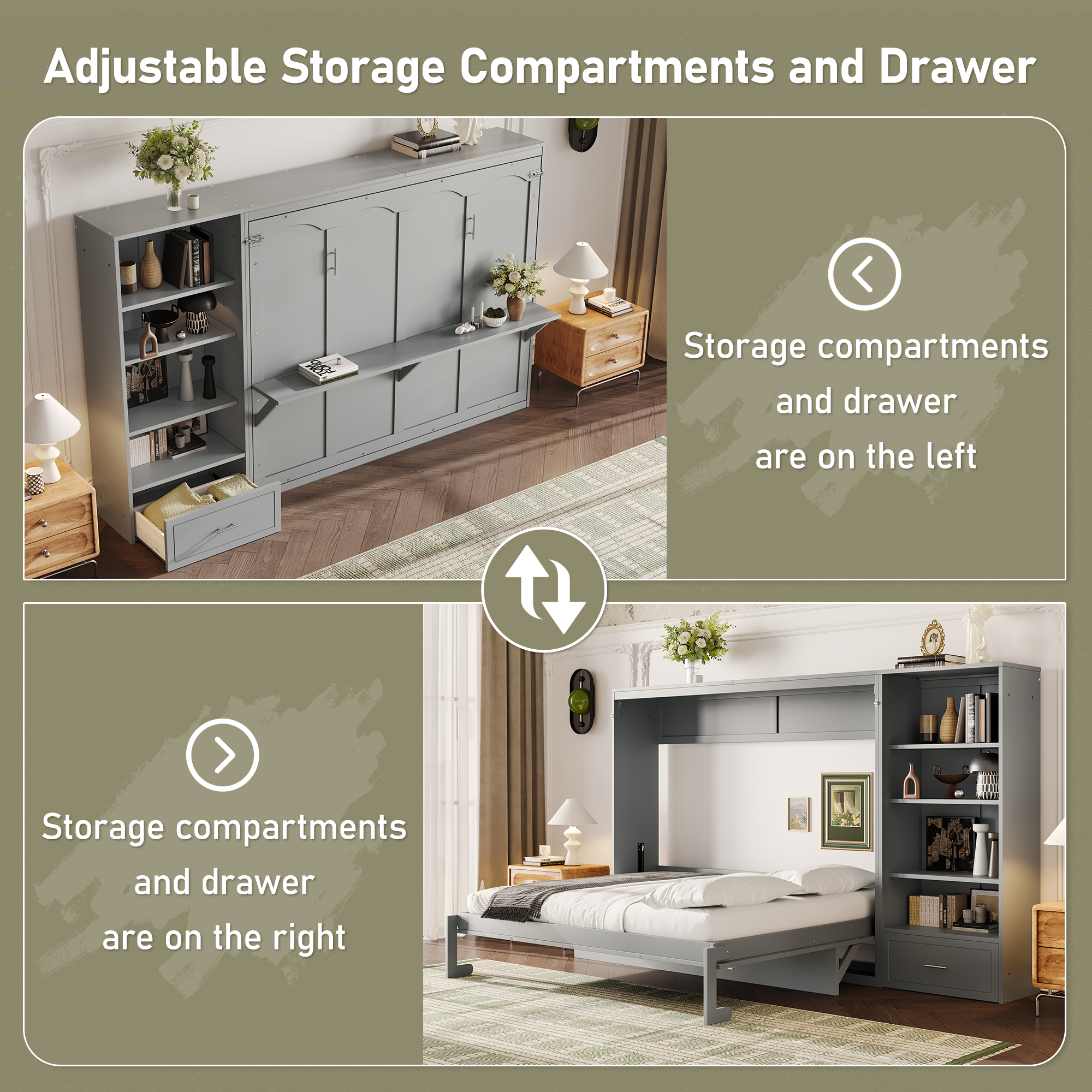 Queen Size Murphy Bed with Height Adjustable Storage Compartments and Shelf, Wall Bed Frame With 1 Drawer, Multifunctional Foldable Platform Bed for Bedroom,Guest Room, Gray(OLD SKU:N733S309223E) - Image 6