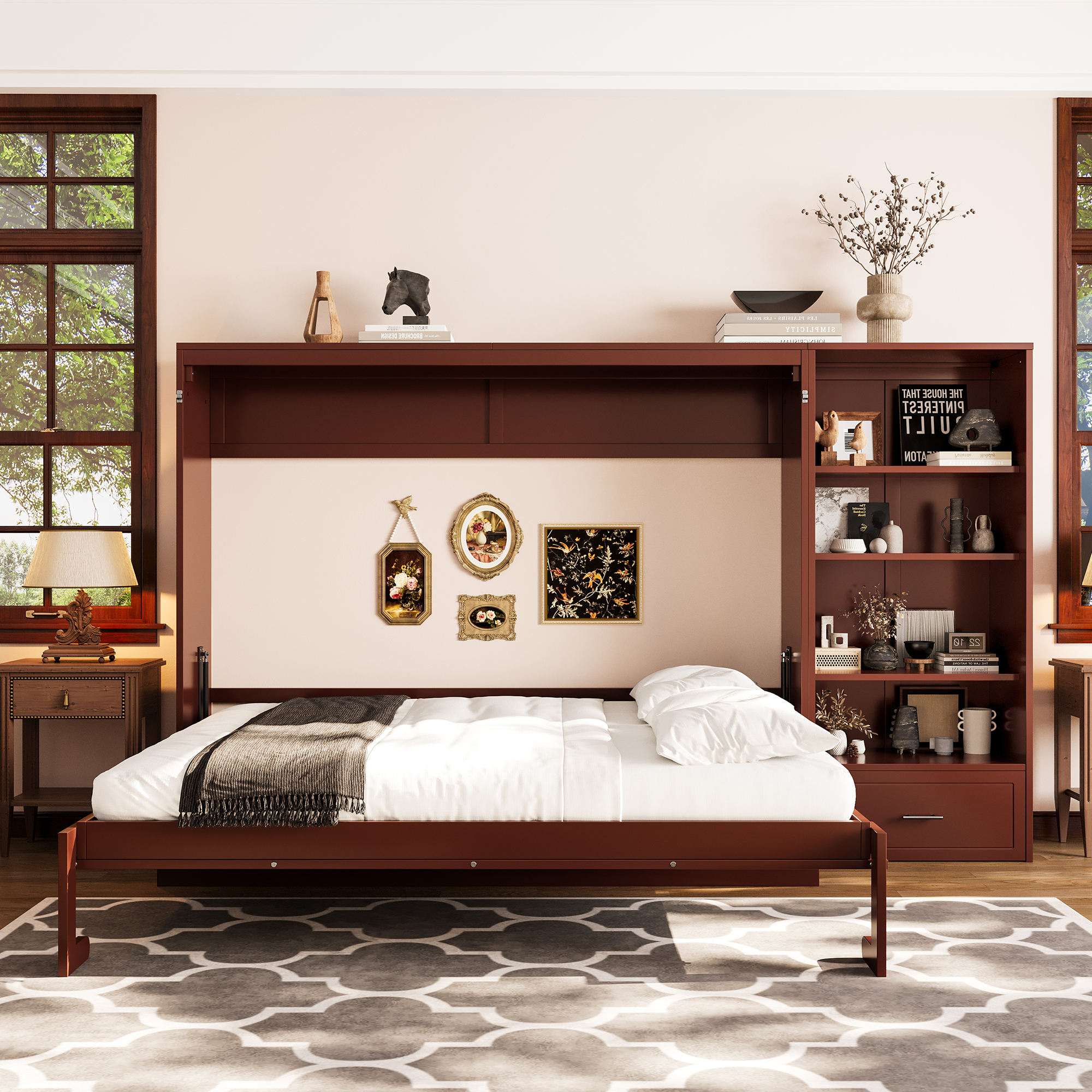 Queen Size Murphy Bed with Height Adjustable Storage Compartments and Shelf, Wall Bed Frame With 1 Drawer, Multifunctional Foldable Platform Bed for Bedroom,Guest Room, Walnut(OLD SKU:N733S309223D) - Image 1