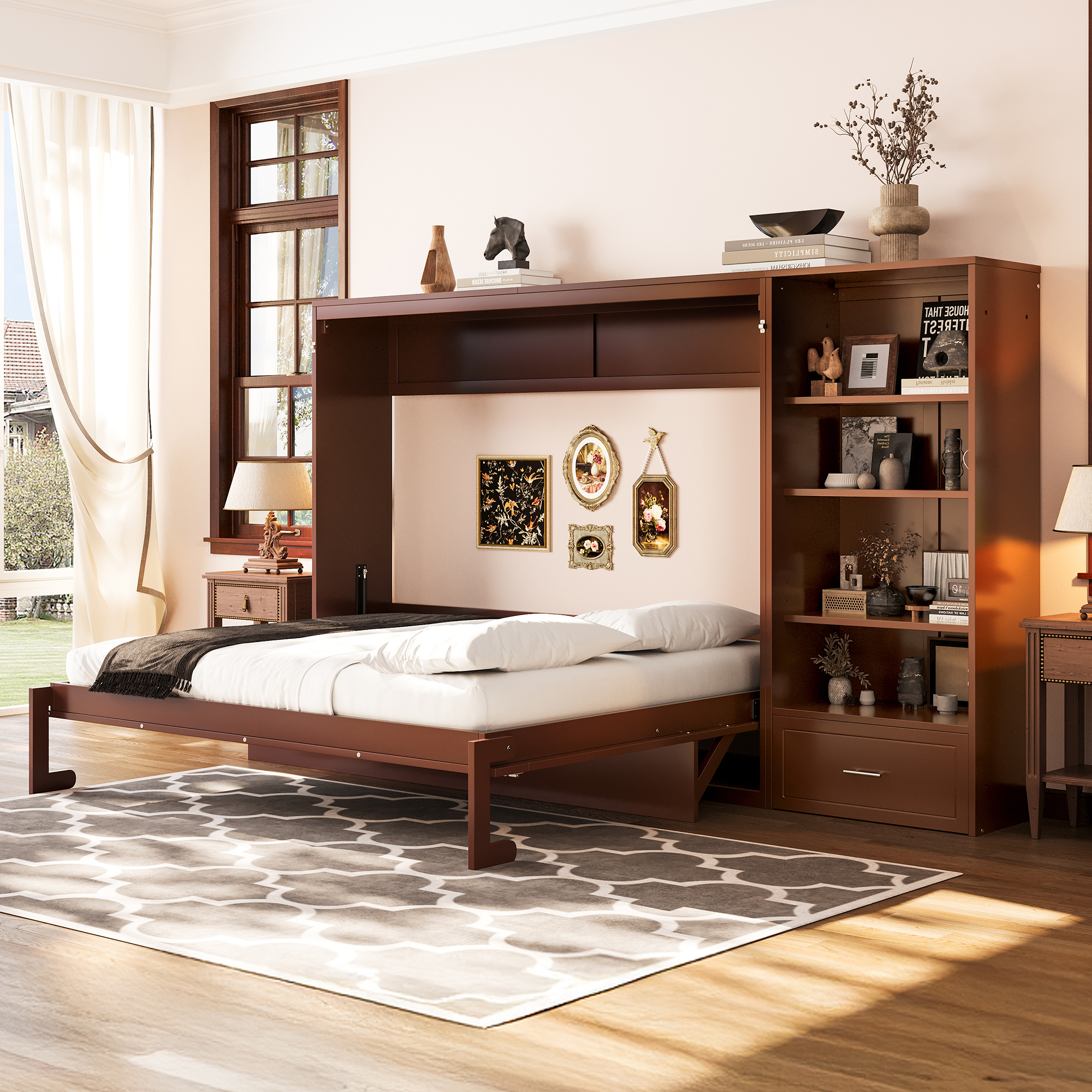 Queen Size Murphy Bed with Height Adjustable Storage Compartments and Shelf, Wall Bed Frame With 1 Drawer, Multifunctional Foldable Platform Bed for Bedroom,Guest Room, Walnut(OLD SKU:N733S309223D) - Image 2