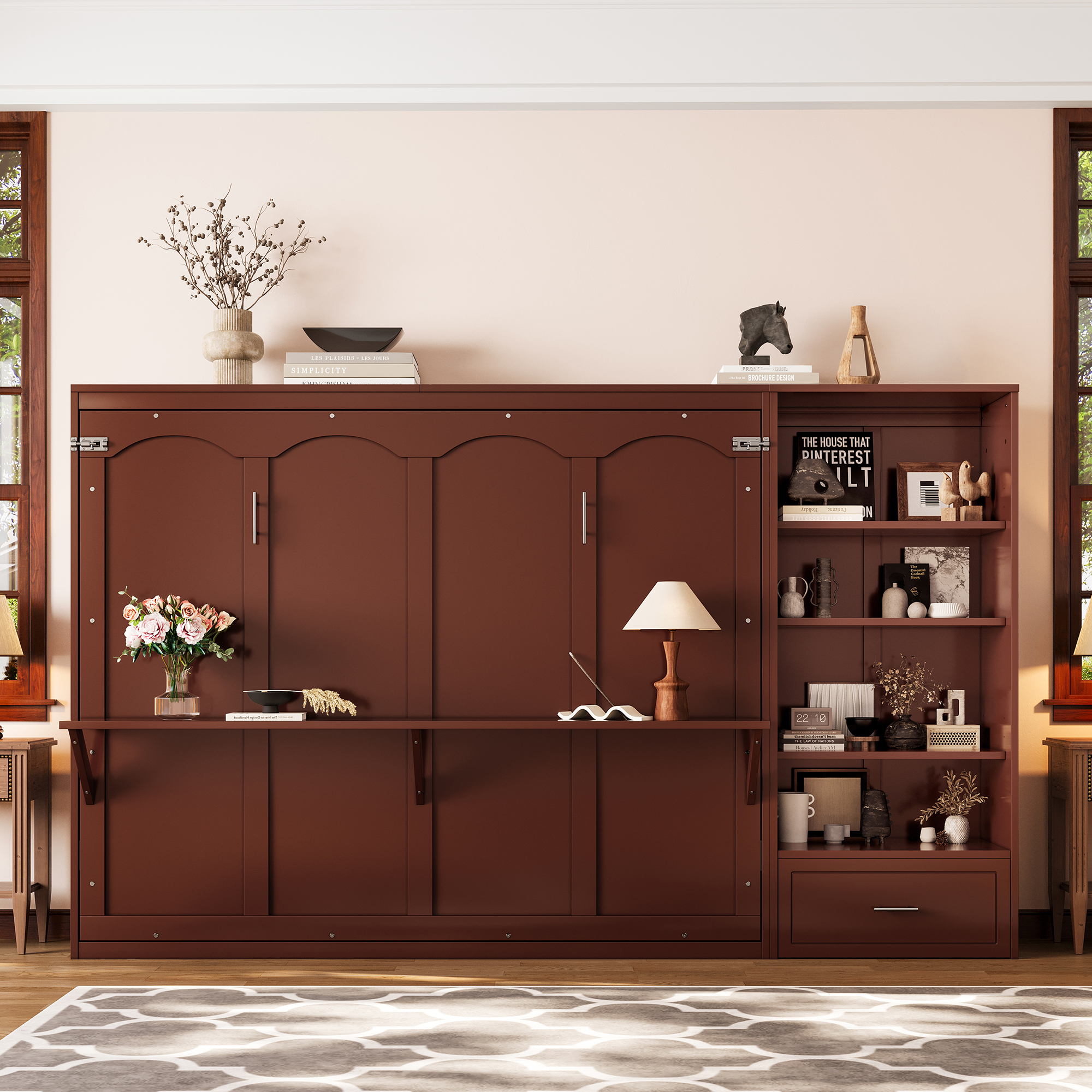 Queen Size Murphy Bed with Height Adjustable Storage Compartments and Shelf, Wall Bed Frame With 1 Drawer, Multifunctional Foldable Platform Bed for Bedroom,Guest Room, Walnut(OLD SKU:N733S309223D) - Image 3