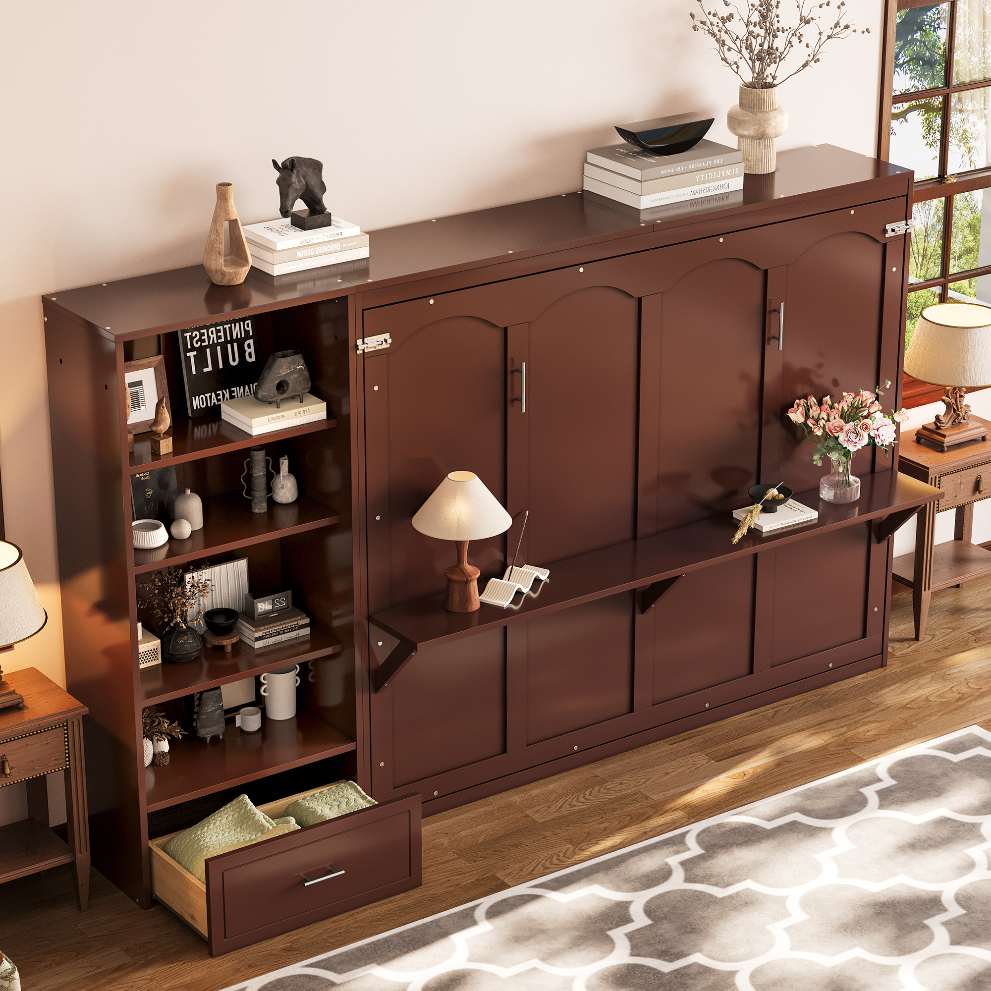 Queen Size Murphy Bed with Height Adjustable Storage Compartments and Shelf, Wall Bed Frame With 1 Drawer, Multifunctional Foldable Platform Bed for Bedroom,Guest Room, Walnut(OLD SKU:N733S309223D) - Image 4