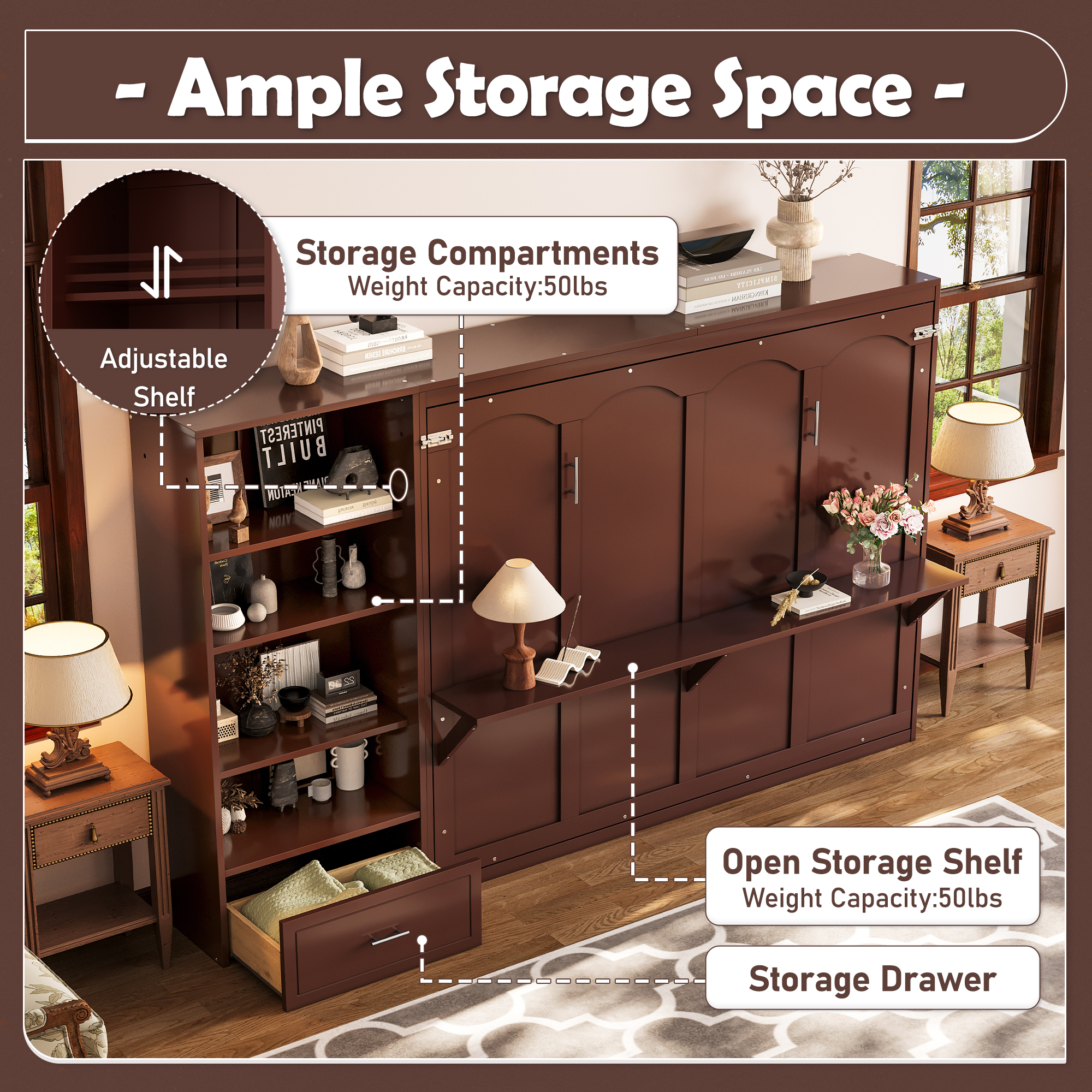Queen Size Murphy Bed with Height Adjustable Storage Compartments and Shelf, Wall Bed Frame With 1 Drawer, Multifunctional Foldable Platform Bed for Bedroom,Guest Room, Walnut(OLD SKU:N733S309223D) - Image 5