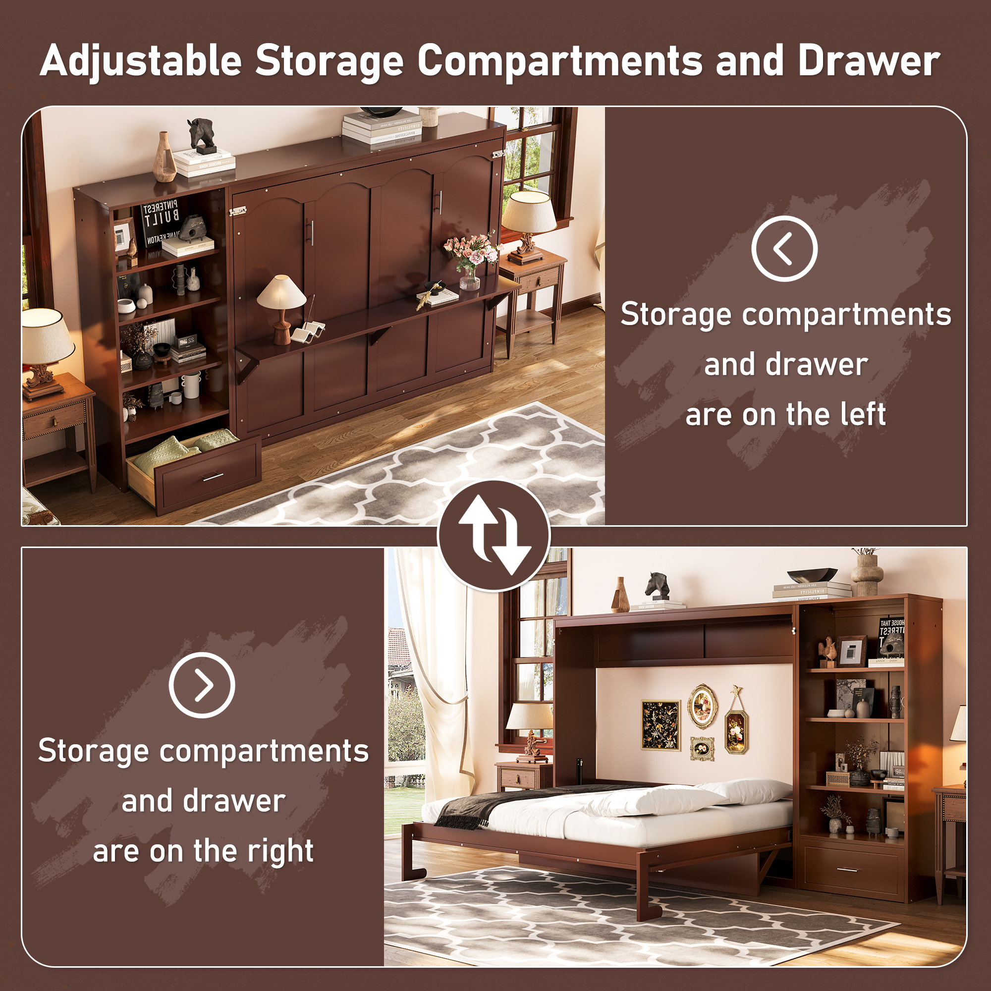 Queen Size Murphy Bed with Height Adjustable Storage Compartments and Shelf, Wall Bed Frame With 1 Drawer, Multifunctional Foldable Platform Bed for Bedroom,Guest Room, Walnut(OLD SKU:N733S309223D) - Image 6