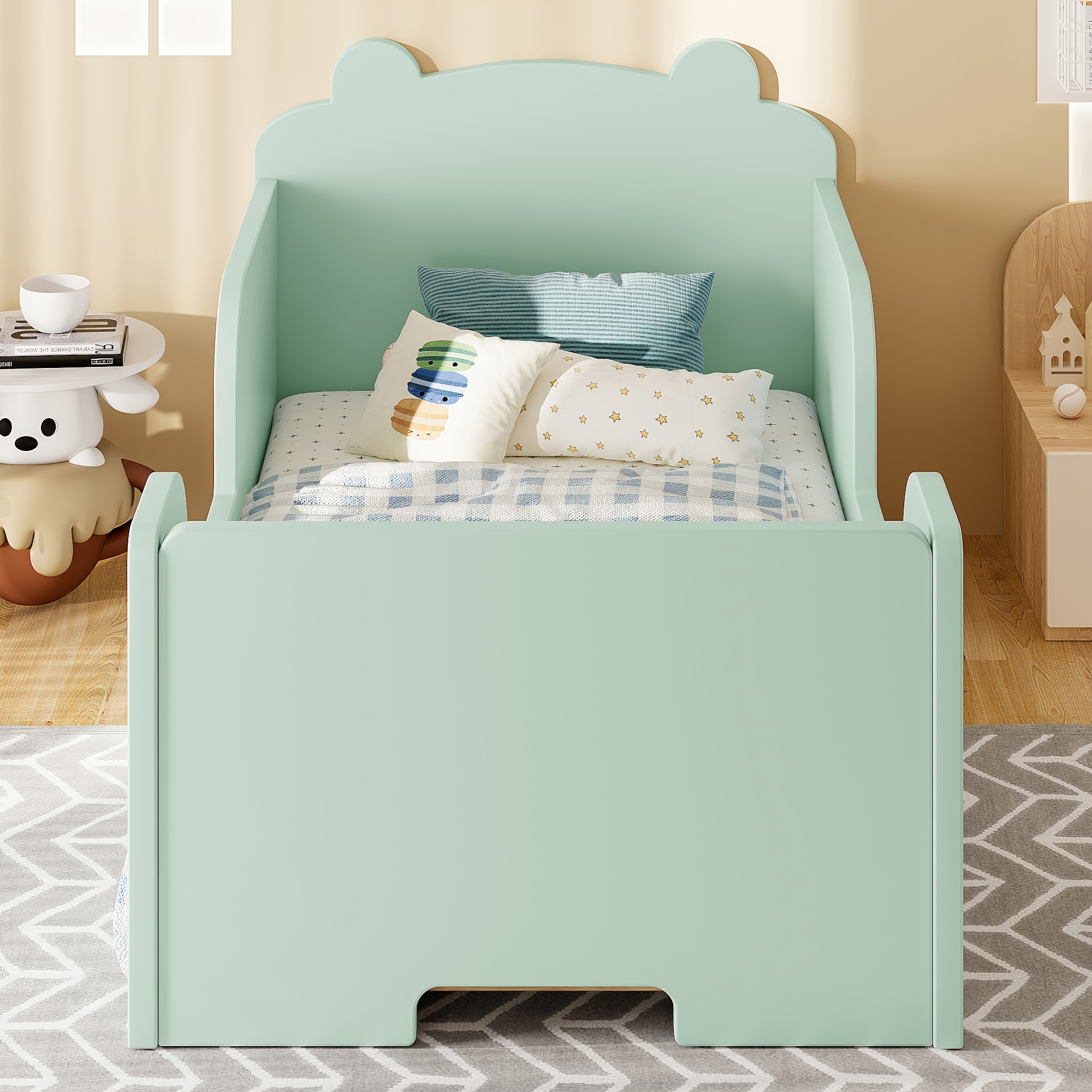Toddler Floor Bed Frame, Cot Bed for Boys and Girls Ages 3-6, Bear Shape Toddler Bed, Green - Image 2