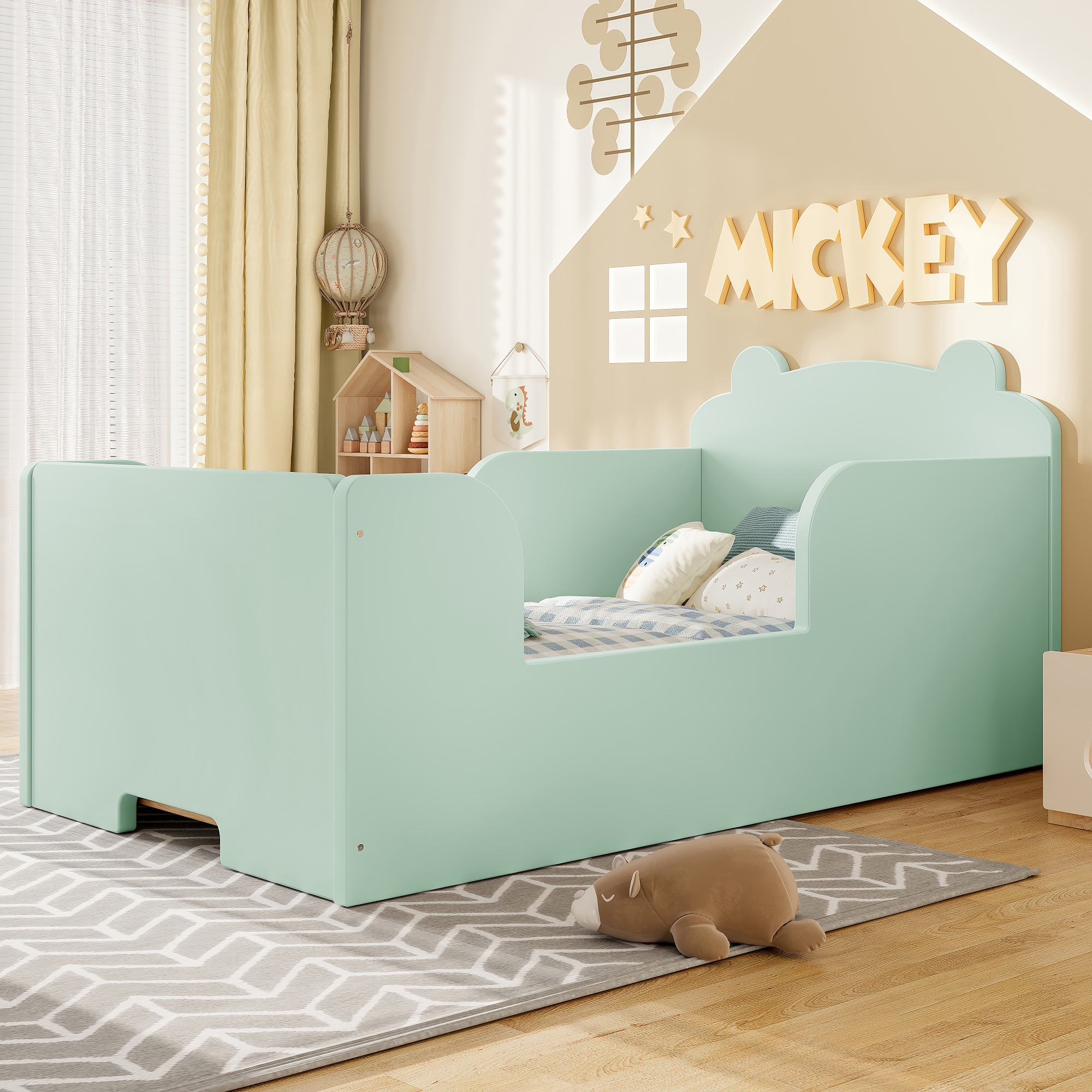 Toddler Floor Bed Frame, Cot Bed for Boys and Girls Ages 3-6, Bear Shape Toddler Bed, Green - Image 3