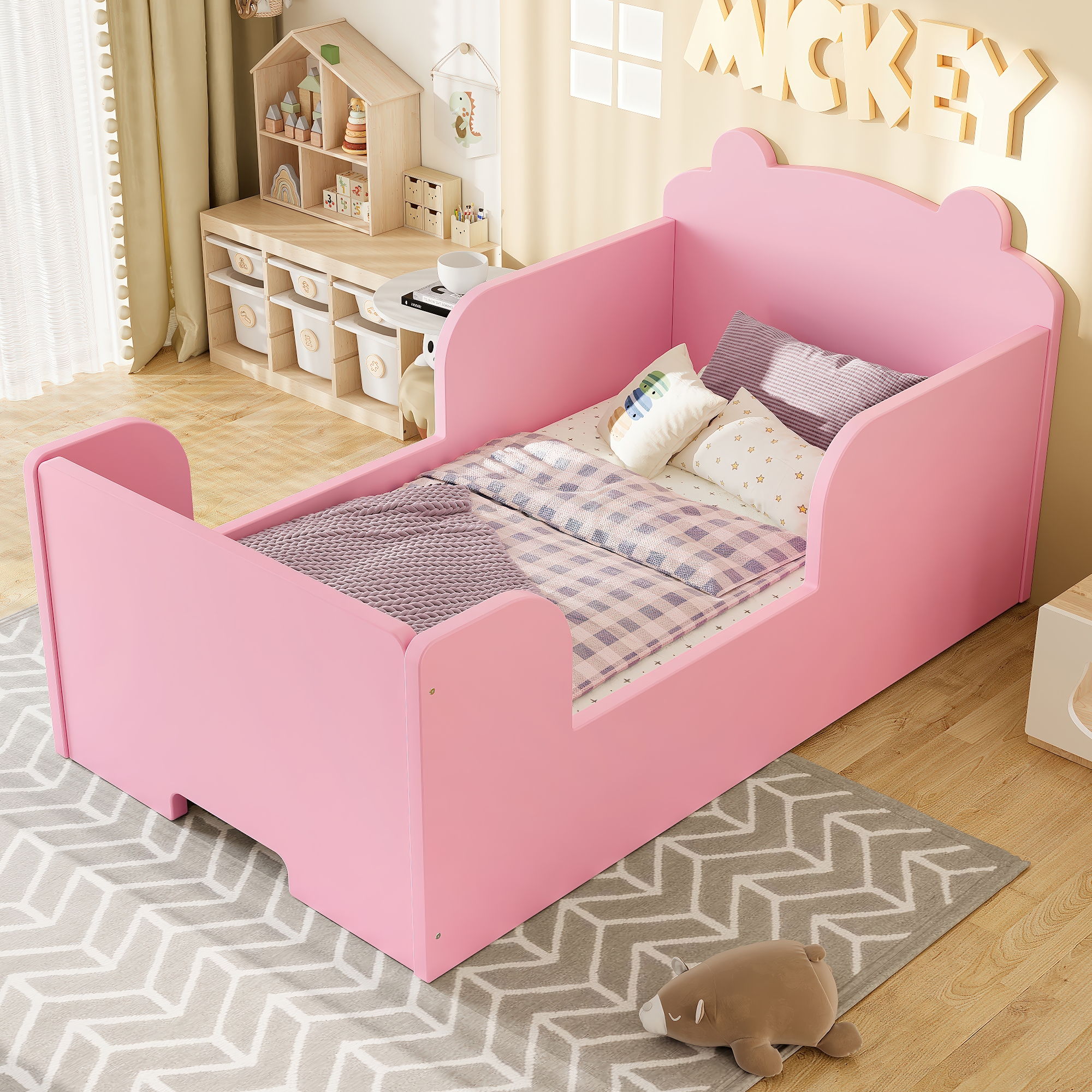 Toddler Floor Bed Frame, Cot Bed for Boys and Girls Ages 3-6, Bear Shape Toddler Bed, Pink - Image 1