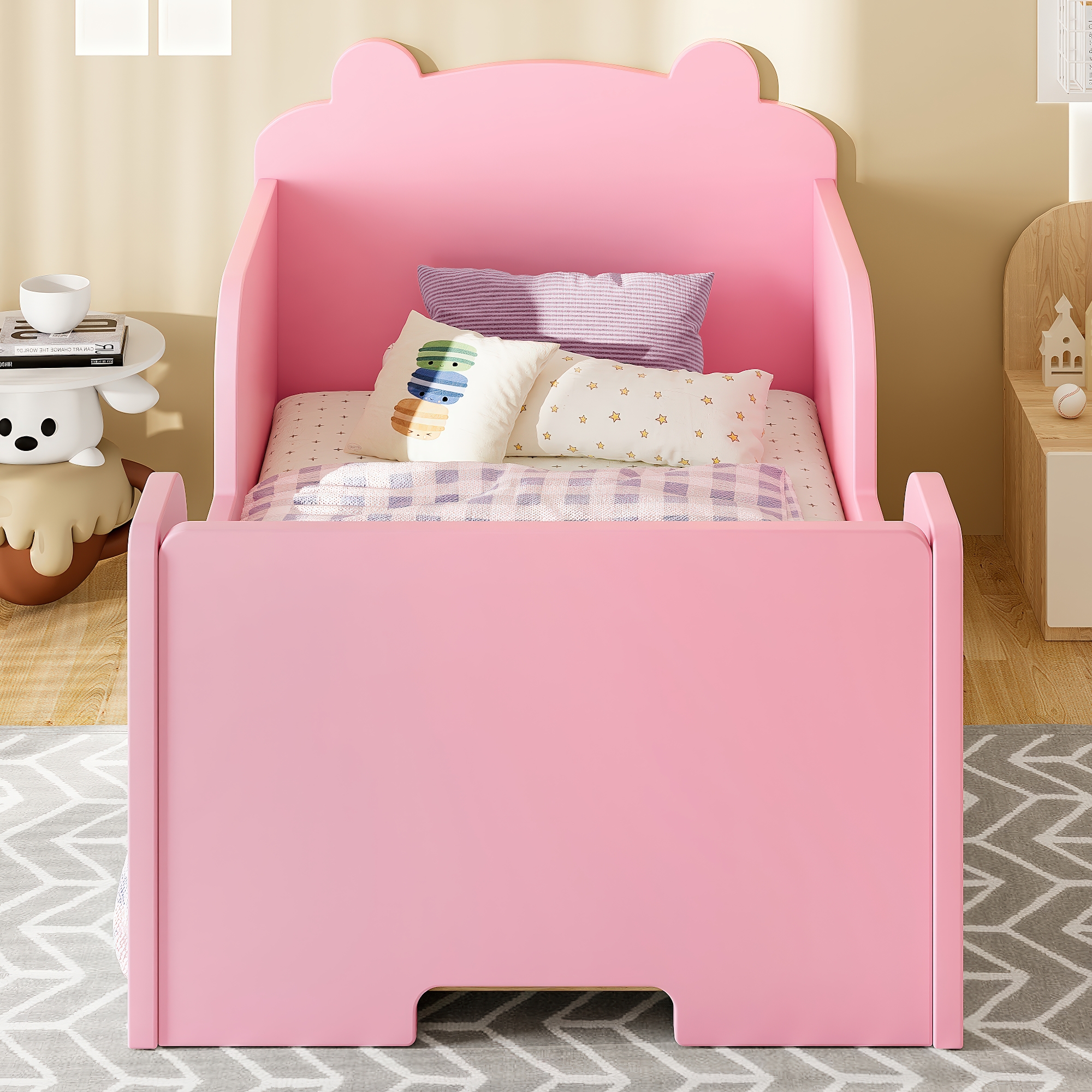 Toddler Floor Bed Frame, Cot Bed for Boys and Girls Ages 3-6, Bear Shape Toddler Bed, Pink - Image 2