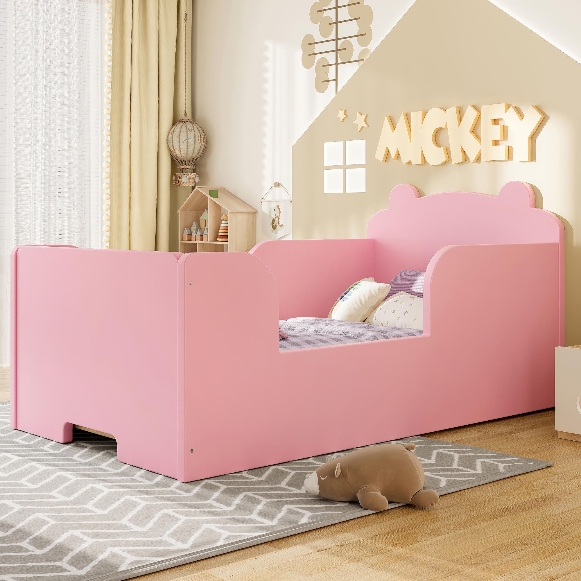 Toddler Floor Bed Frame, Cot Bed for Boys and Girls Ages 3-6, Bear Shape Toddler Bed, Pink - Image 3