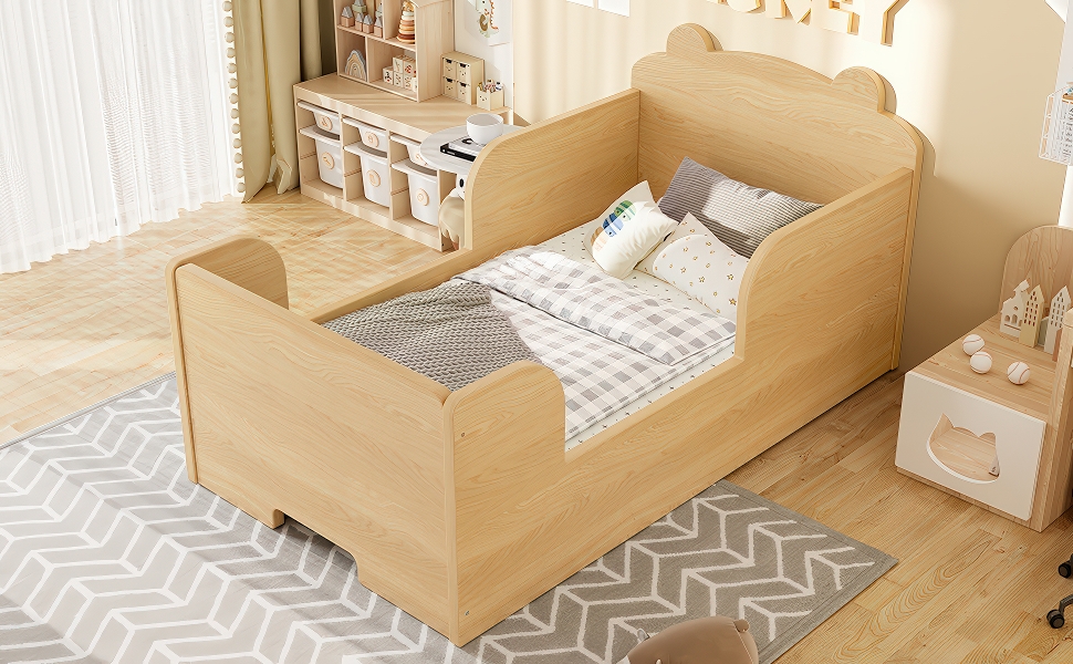 Toddler Floor Bed Frame, Cot Bed for Boys and Girls Ages 3-6, Bear Shape Toddler Bed,Natural - Image 2