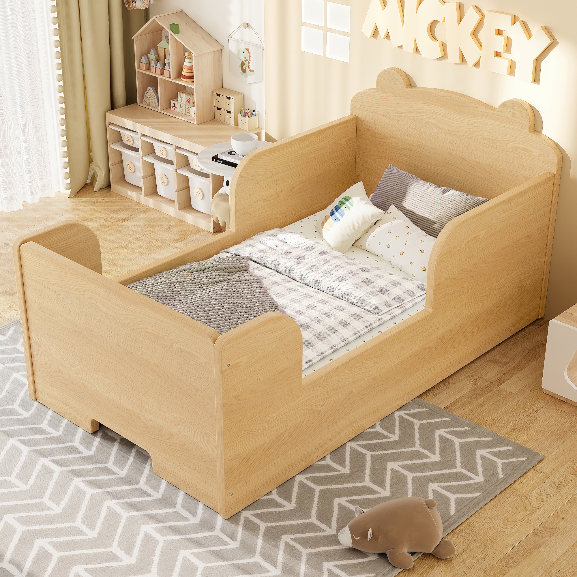 Toddler Floor Bed Frame, Cot Bed for Boys and Girls Ages 3-6, Bear Shape Toddler Bed,Natural - Image 1