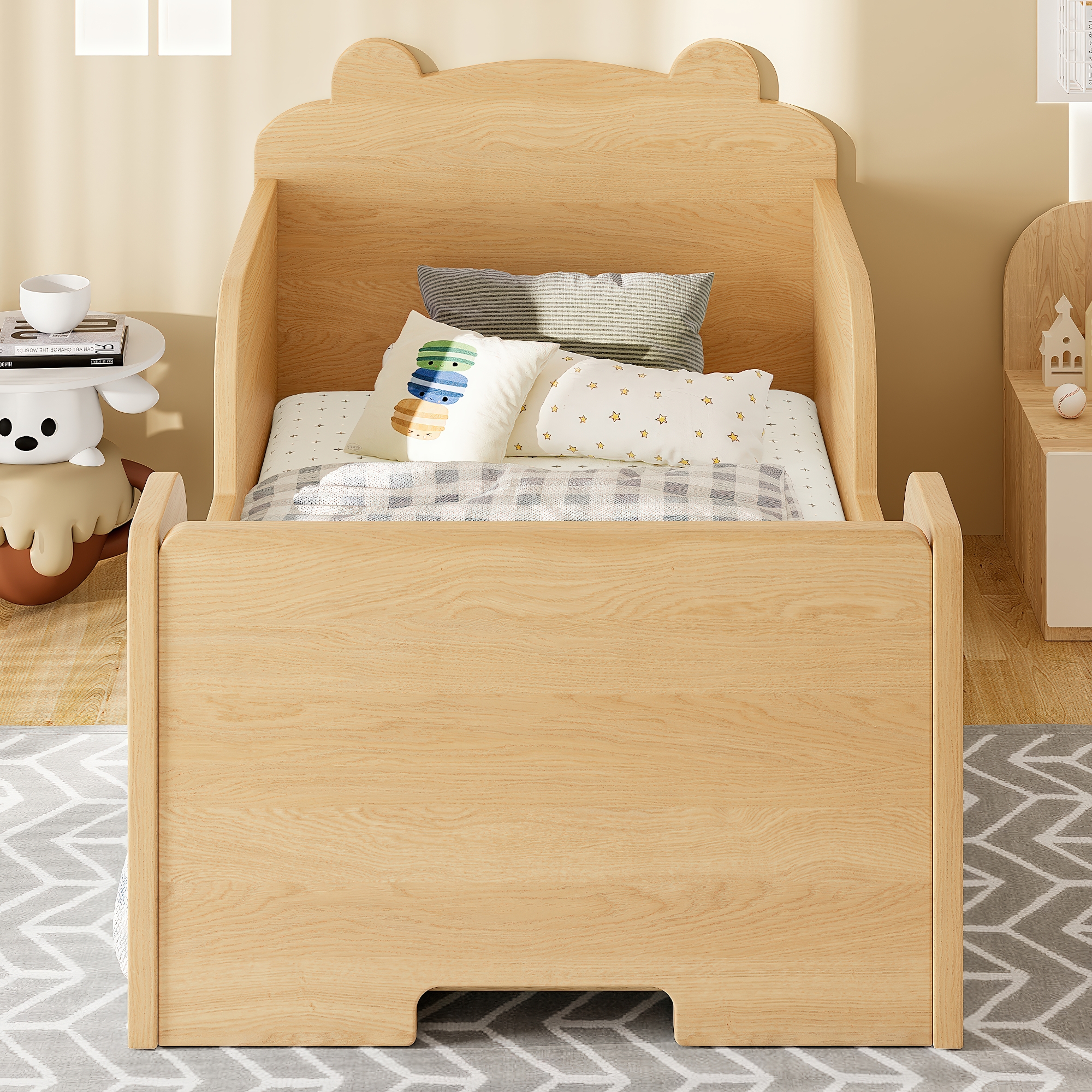 Toddler Floor Bed Frame, Cot Bed for Boys and Girls Ages 3-6, Bear Shape Toddler Bed,Natural - Image 3