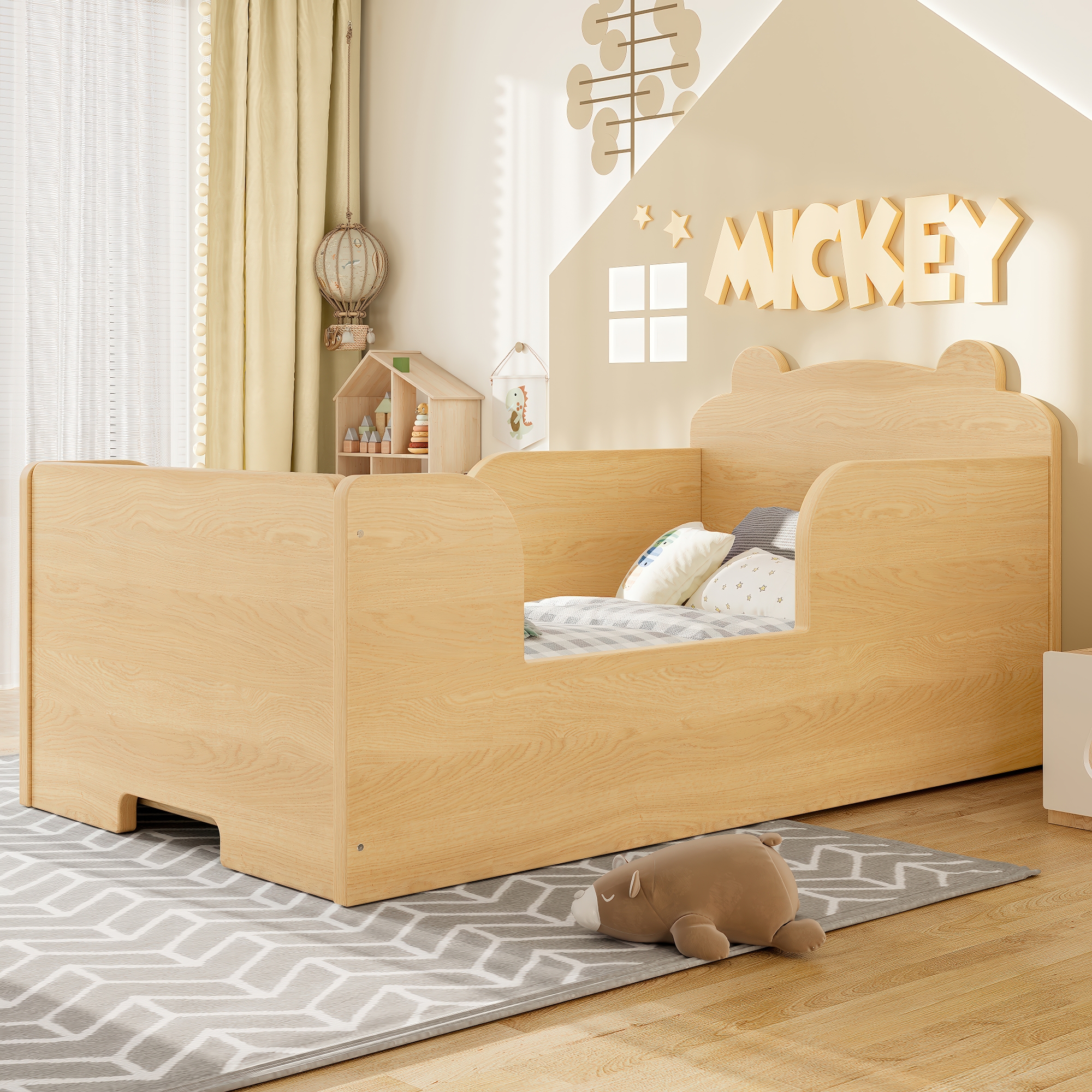 Toddler Floor Bed Frame, Cot Bed for Boys and Girls Ages 3-6, Bear Shape Toddler Bed,Natural - Image 4