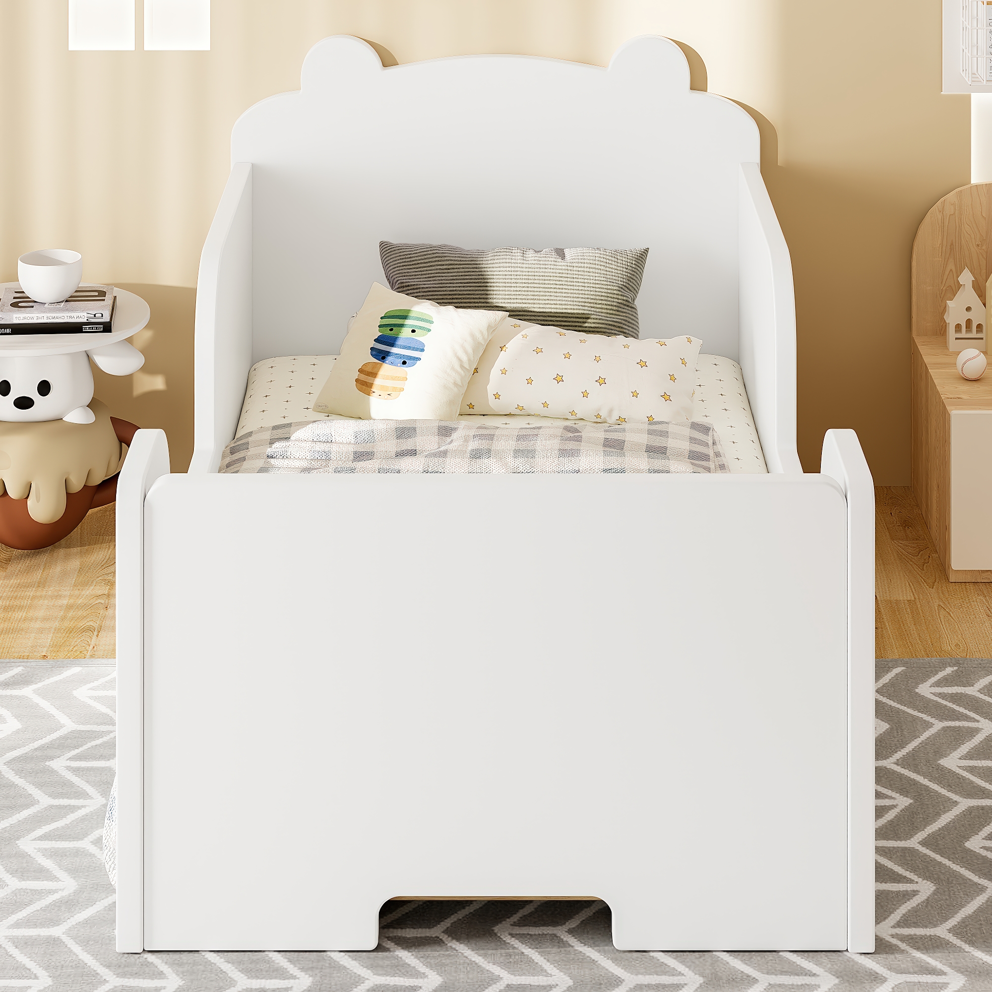 Toddler Floor Bed Frame, Cot Bed for Boys and Girls Ages 3-6, Bear Shape Toddler Bed, White - Image 2