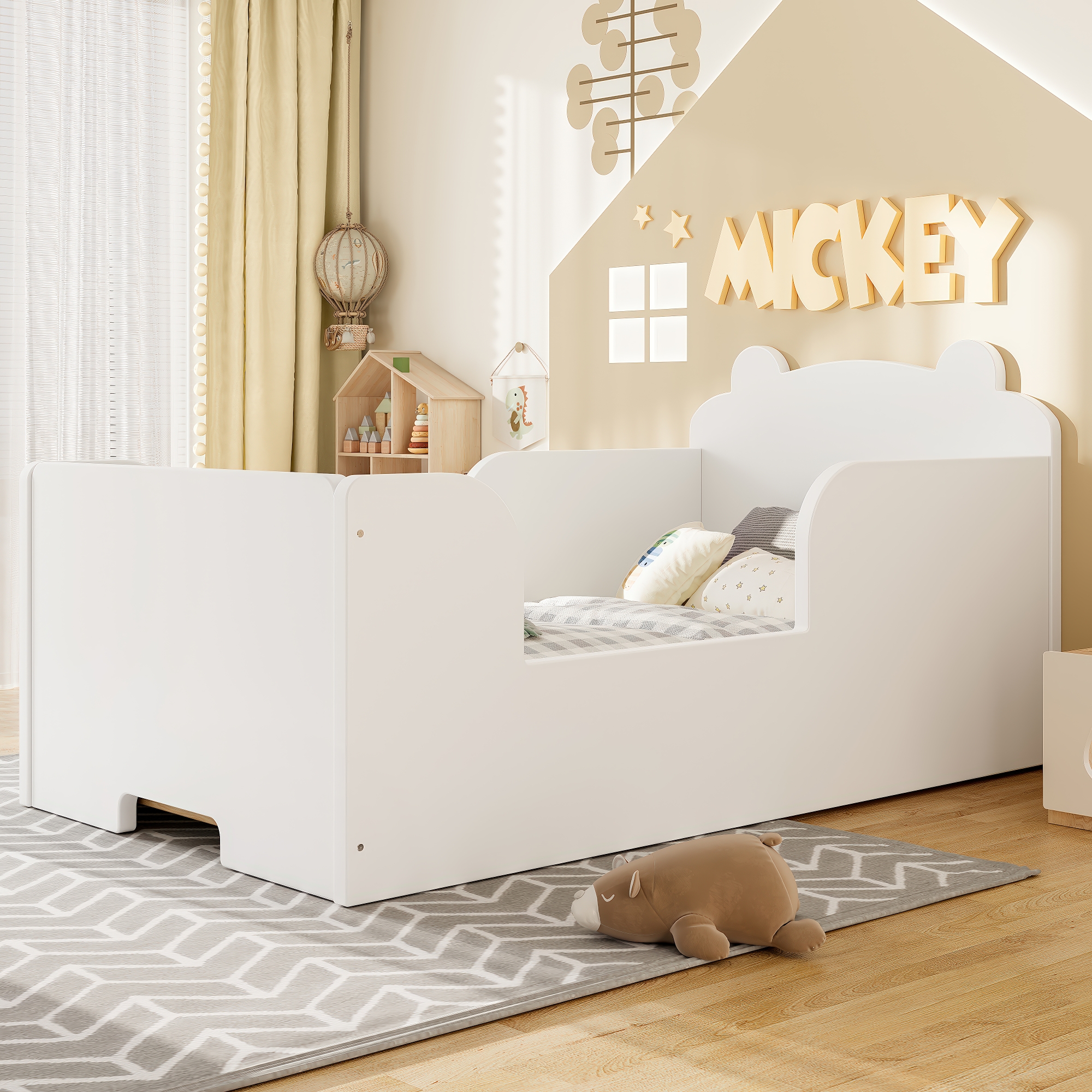 Toddler Floor Bed Frame, Cot Bed for Boys and Girls Ages 3-6, Bear Shape Toddler Bed, White - Image 3