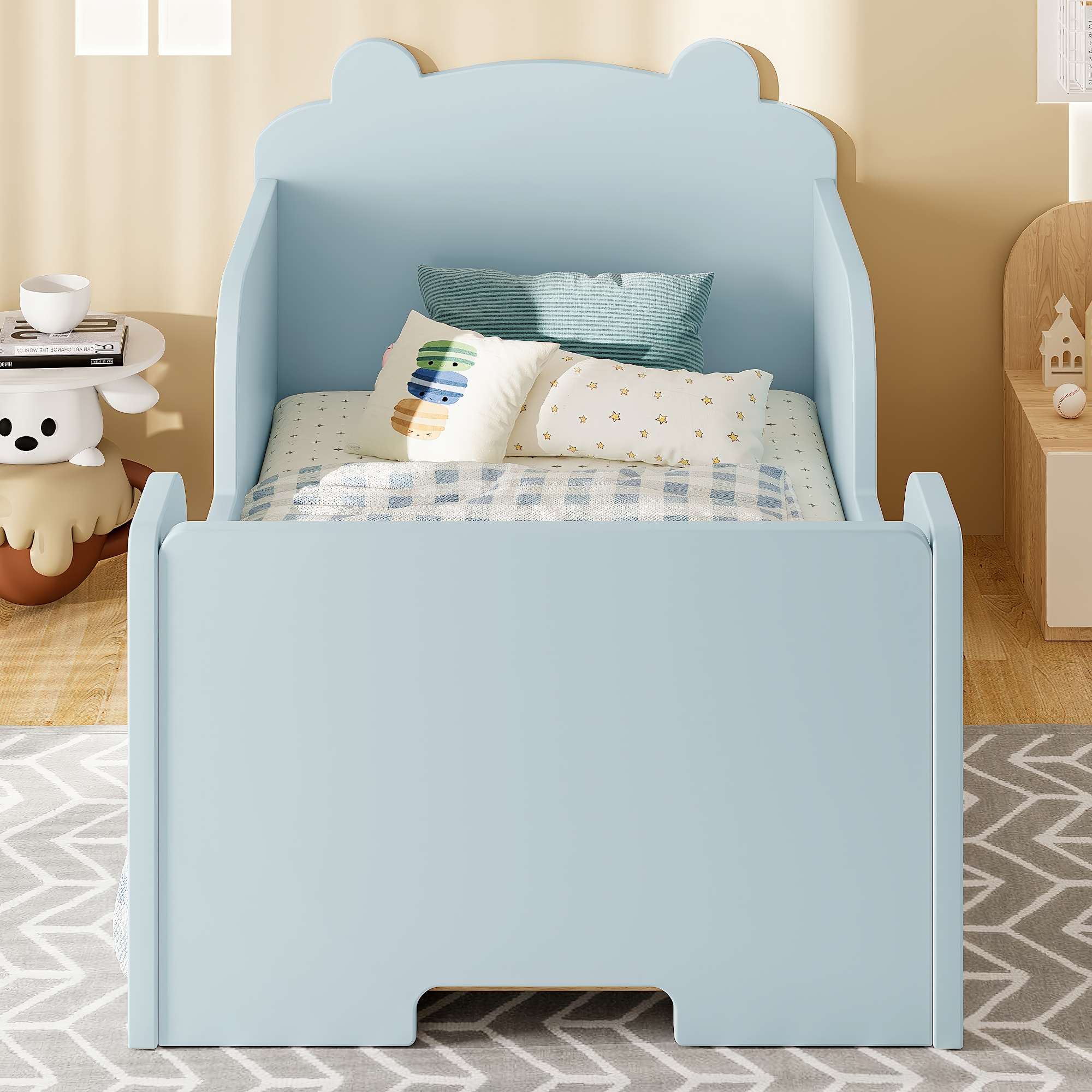 Toddler Floor Bed Frame, Cot Bed for Boys and Girls Ages 3-6, Bear Shape Toddler Bed, Blue - Image 2