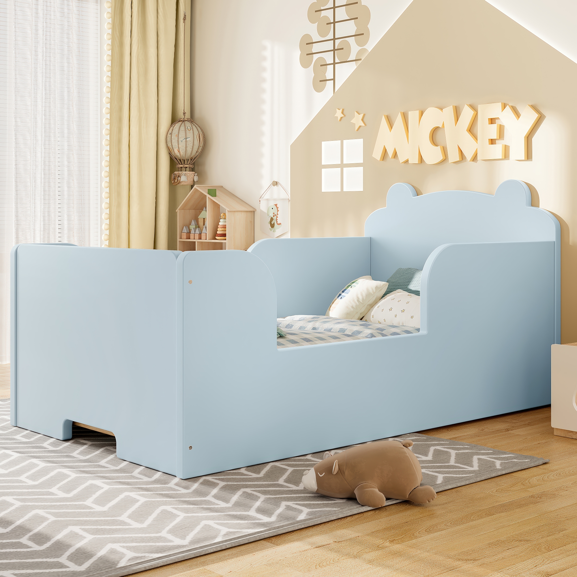 Toddler Floor Bed Frame, Cot Bed for Boys and Girls Ages 3-6, Bear Shape Toddler Bed, Blue - Image 3