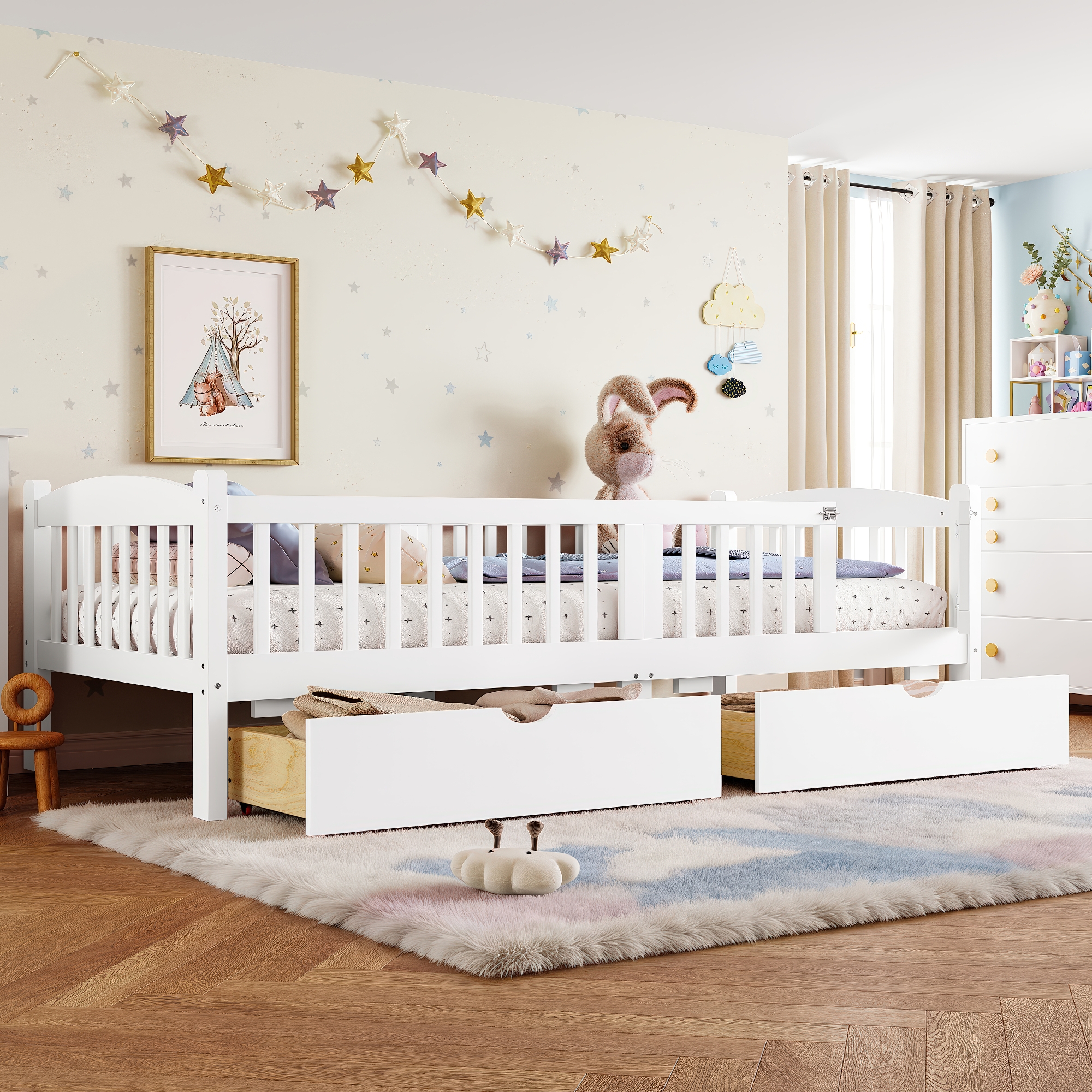 Twin XL Platform Bed with Full-length Guardrails, Kids Platform Bed with Storage Drawers, Childlike and Cute Headboard Design, White - Image 2