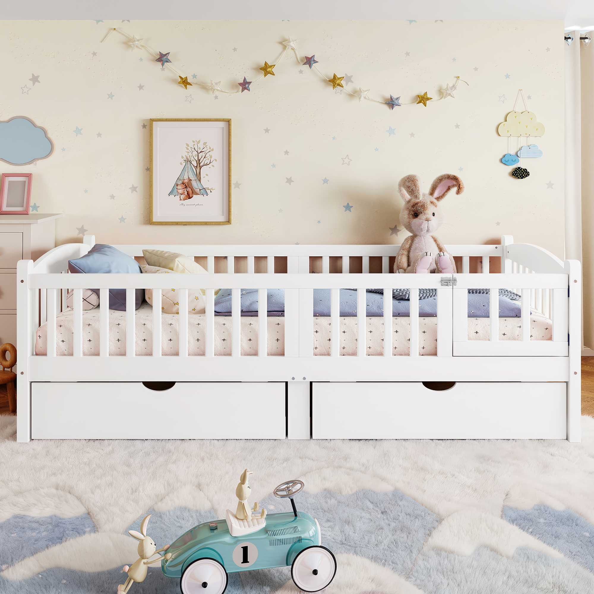 Twin XL Platform Bed with Full-length Guardrails, Kids Platform Bed with Storage Drawers, Childlike and Cute Headboard Design, White - Image 3