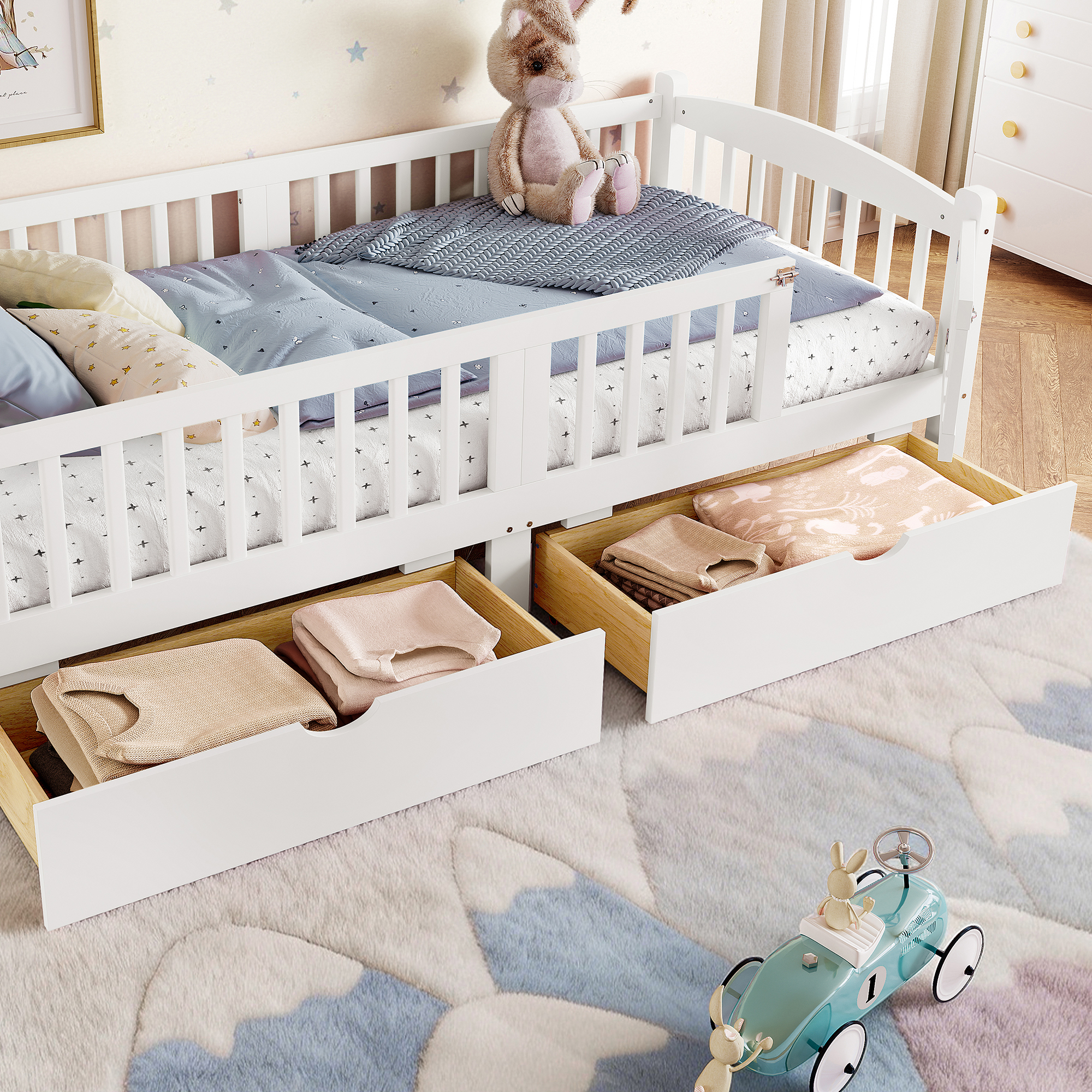 Twin XL Platform Bed with Full-length Guardrails, Kids Platform Bed with Storage Drawers, Childlike and Cute Headboard Design, White - Image 4