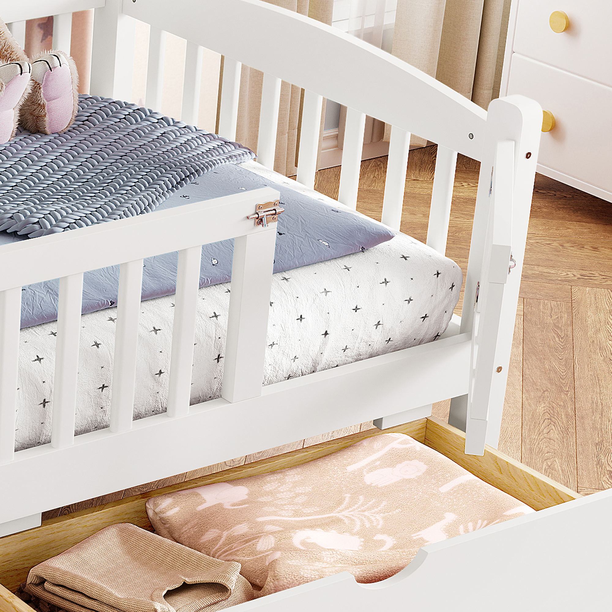 Twin XL Platform Bed with Full-length Guardrails, Kids Platform Bed with Storage Drawers, Childlike and Cute Headboard Design, White - Image 5