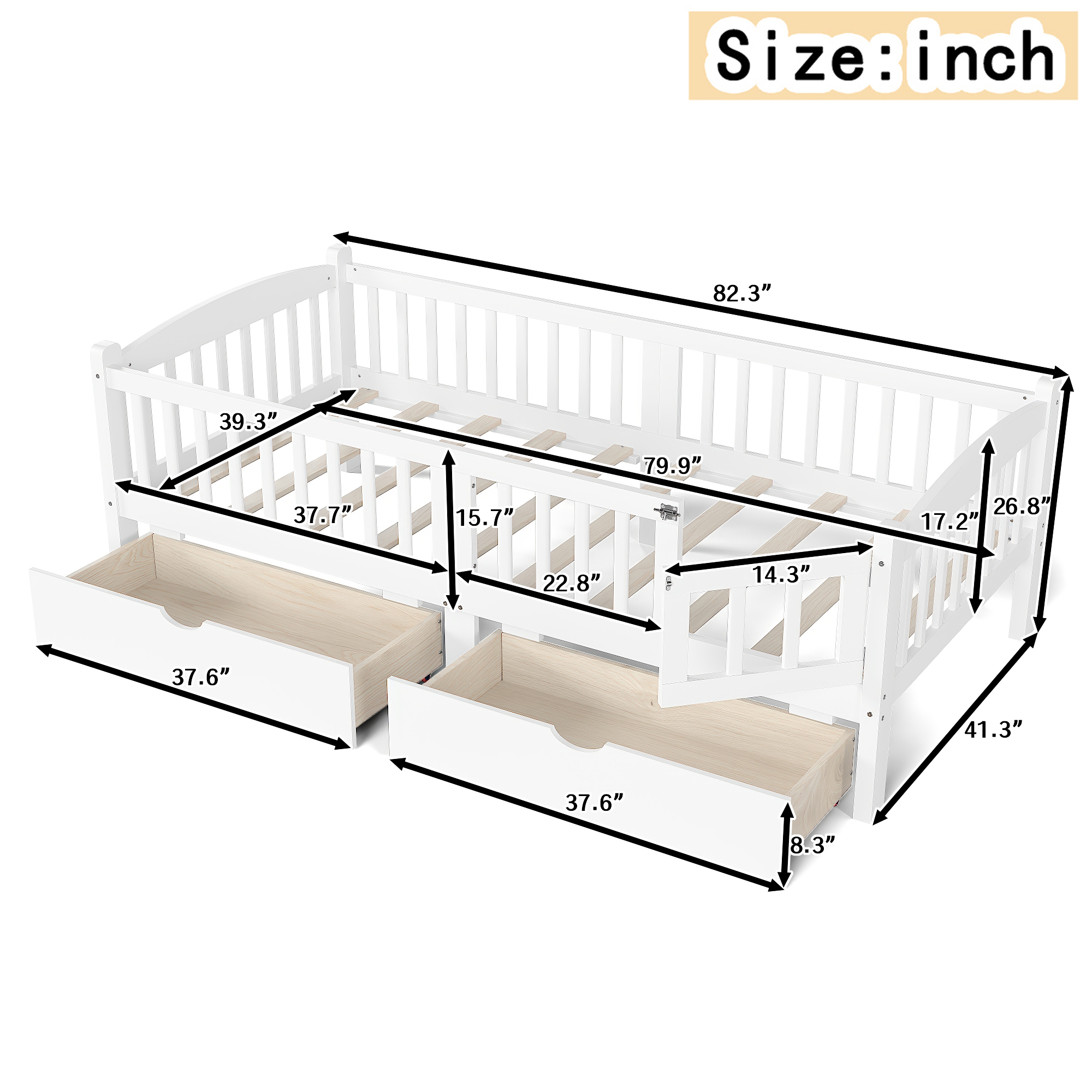 Twin XL Platform Bed with Full-length Guardrails, Kids Platform Bed with Storage Drawers, Childlike and Cute Headboard Design, White - Image 6