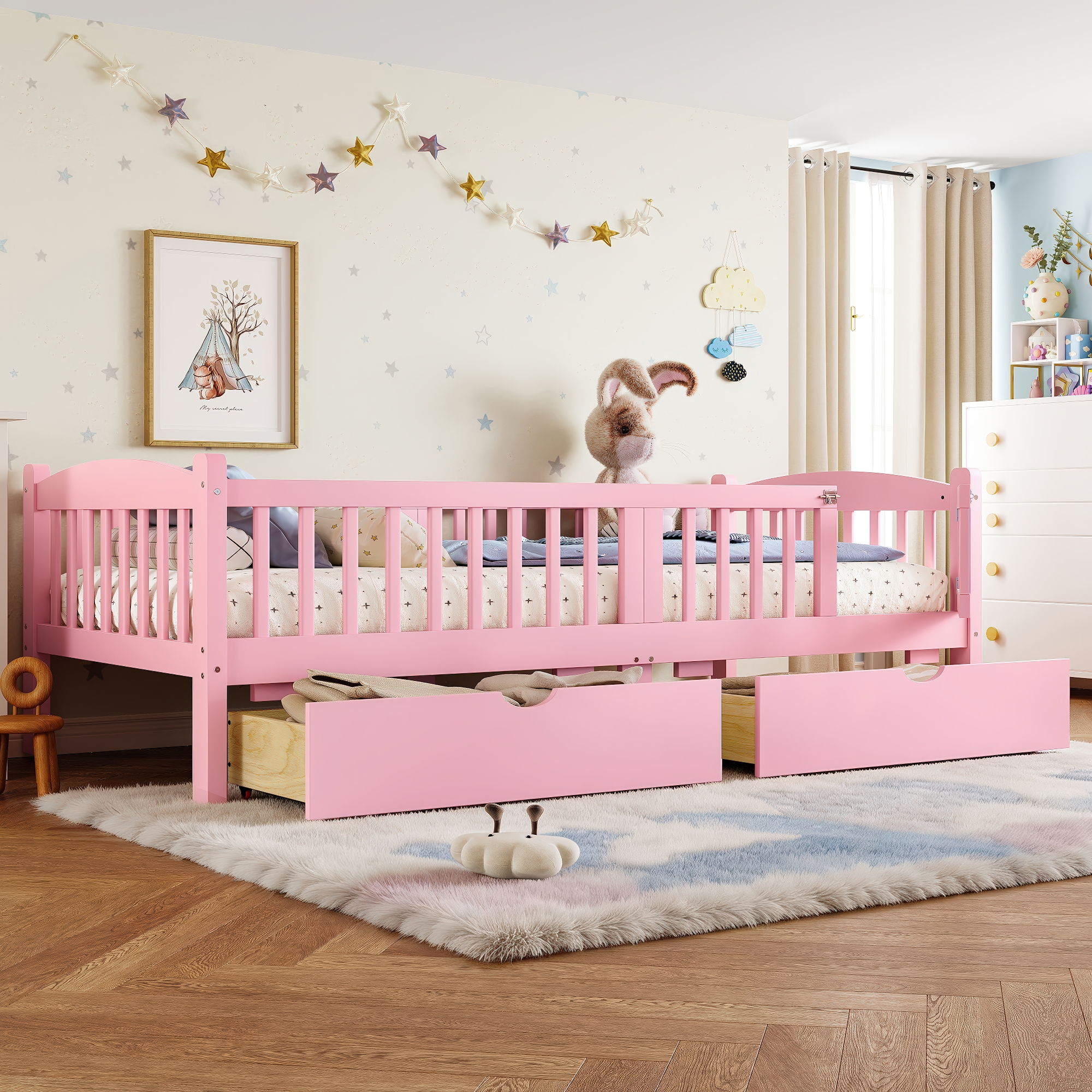 Twin XL Platform Bed with Full-length Guardrails, Kids Platform Bed with Storage Drawers, Childlike and Cute Headboard Design, Pink - Image 2
