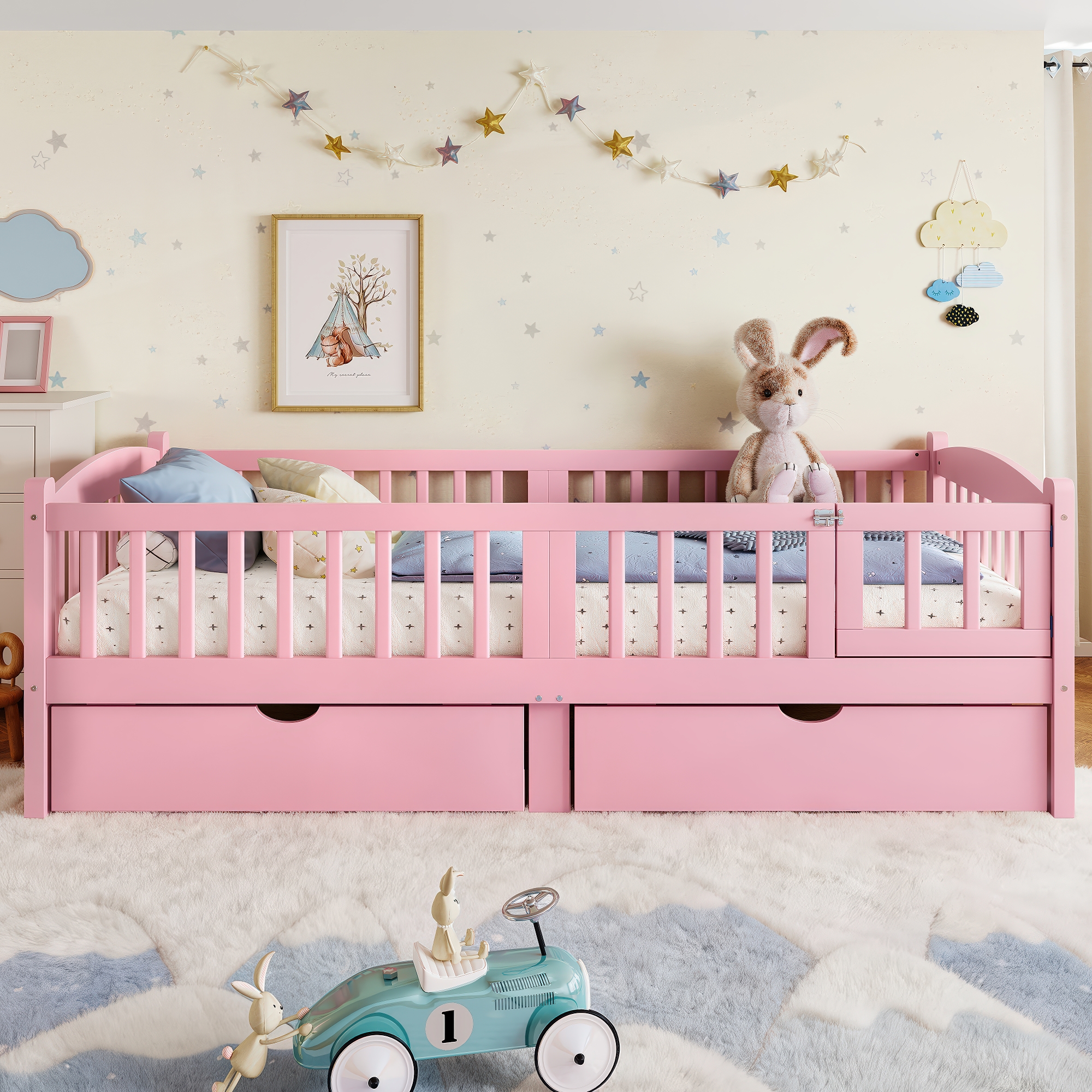 Twin XL Platform Bed with Full-length Guardrails, Kids Platform Bed with Storage Drawers, Childlike and Cute Headboard Design, Pink - Image 3
