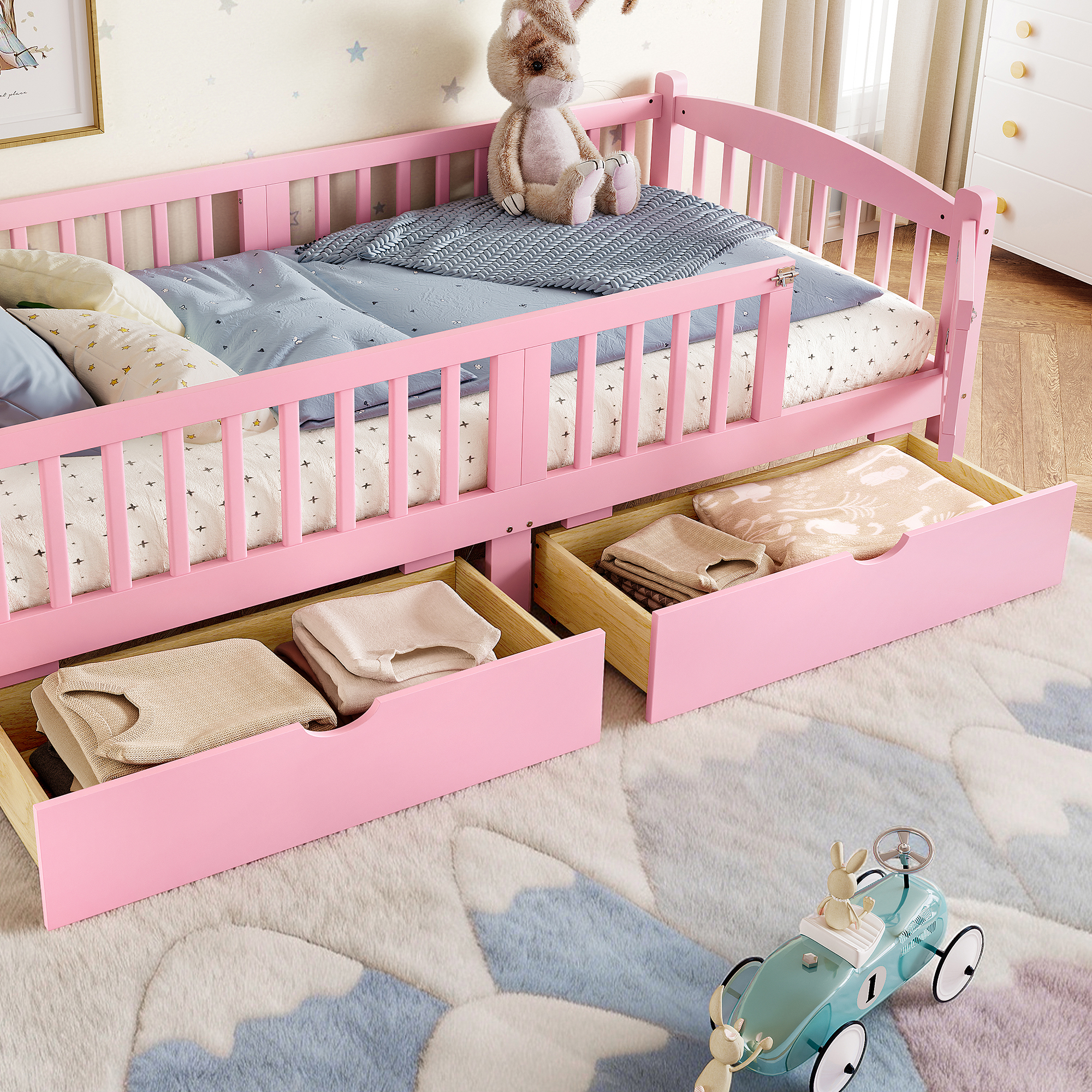 Twin XL Platform Bed with Full-length Guardrails, Kids Platform Bed with Storage Drawers, Childlike and Cute Headboard Design, Pink - Image 4